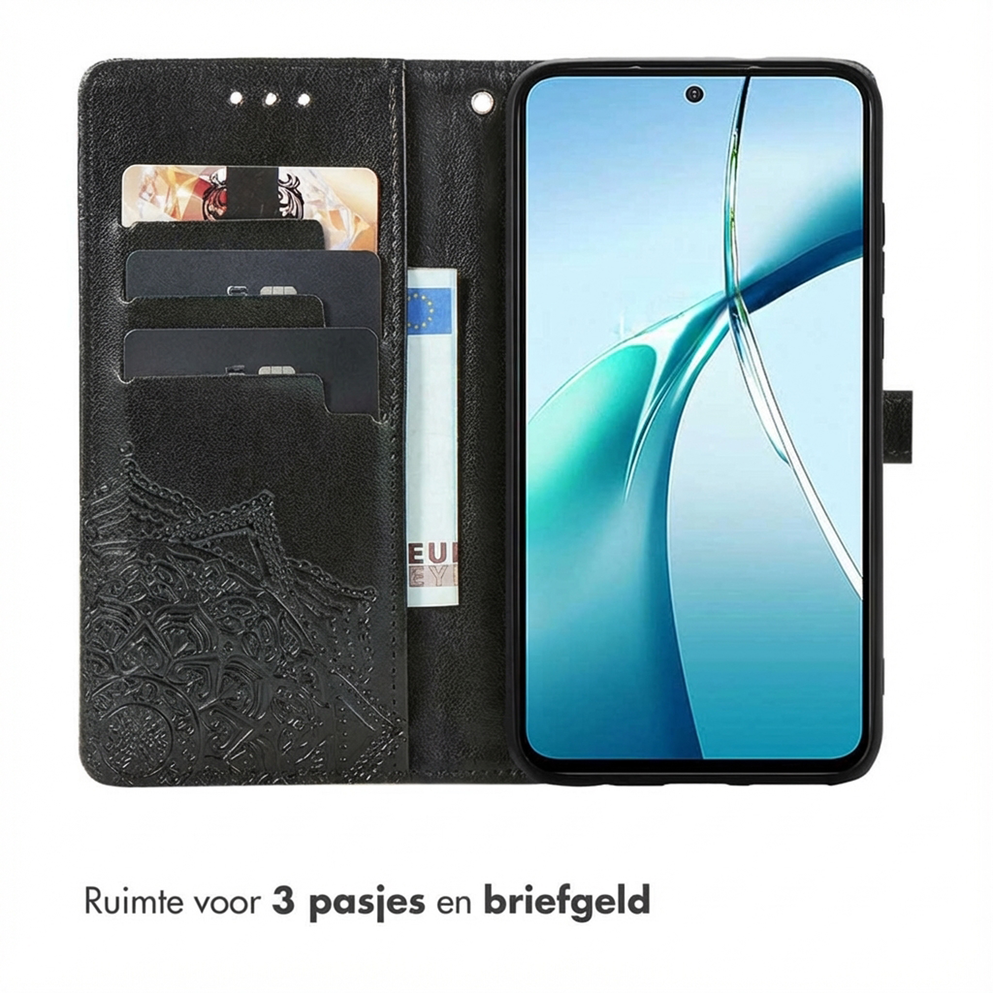 Zwarte telefoonhoes met kaarthouders en reliëfpatroon. Een telefoon is ingebracht.