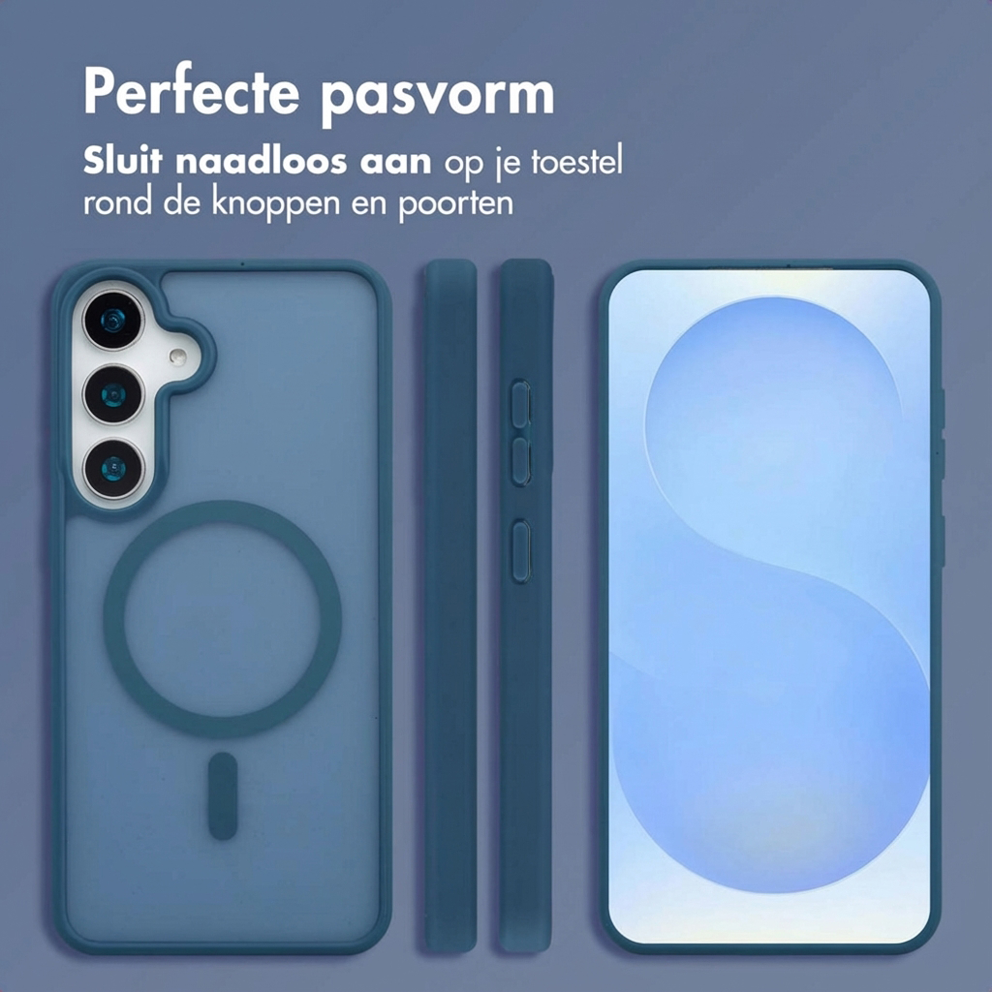 Custodia blu per telefono con ritaglio fotocamera e anello magnetico. Due custodie sottili accanto.