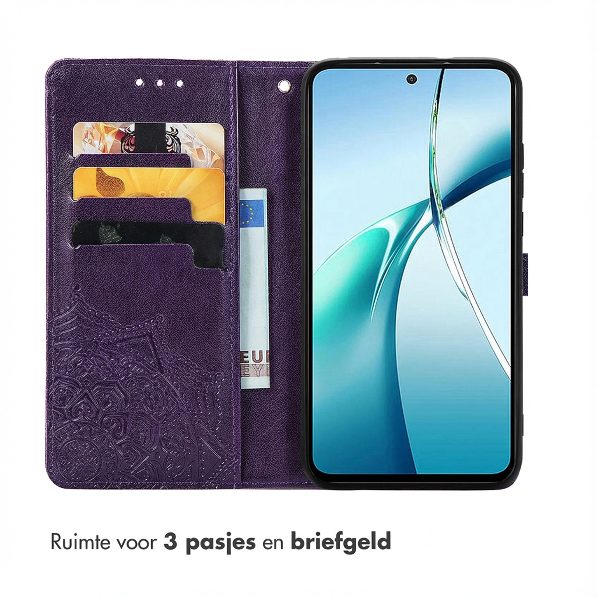 Custodia viola aperta, con slot per carte e banconota. Smartphone sul lato destro.
