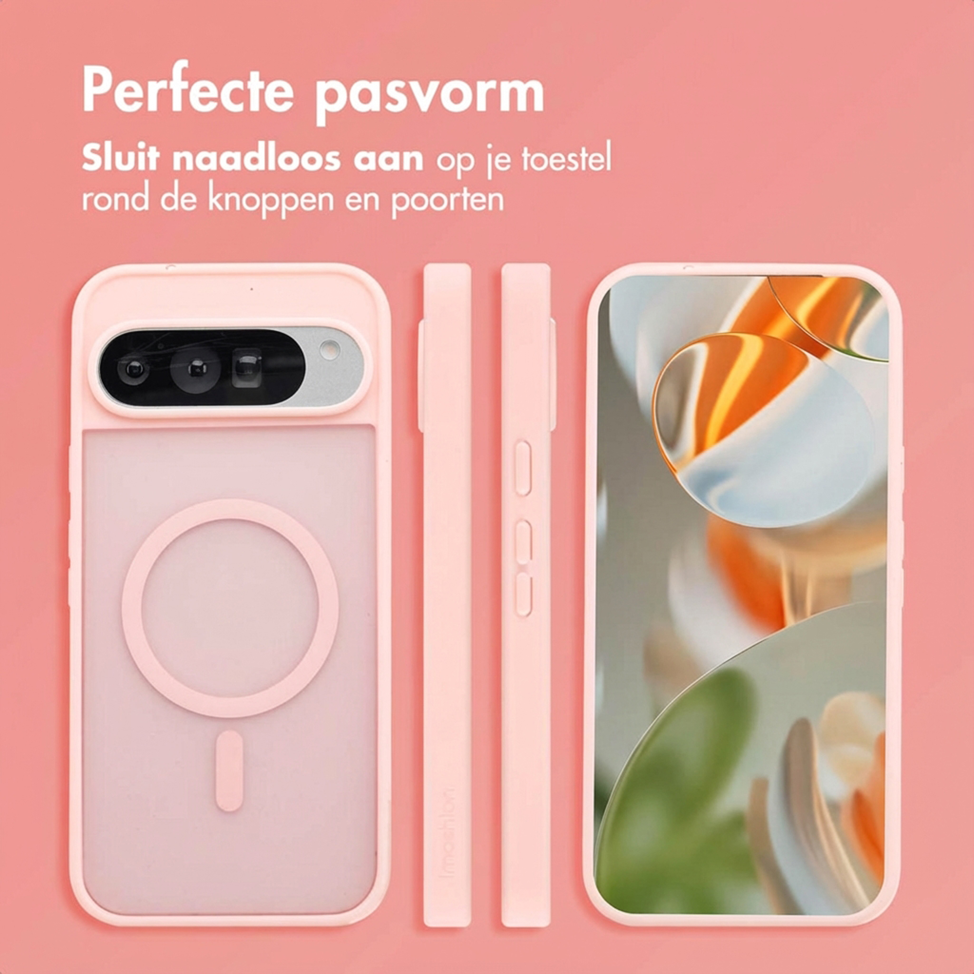 Een roze telefoonhoesje getoond van achteren, zijkant en voorkant op roze achtergrond.