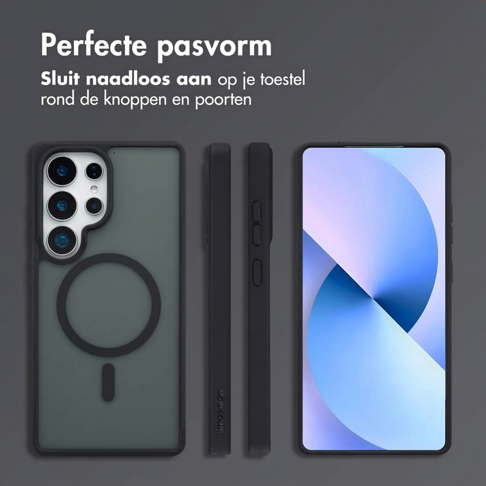 Achterkant smartphone met hoesje, zijaanzicht en voorkant met abstracte achtergrond. Perfecte pasvorm.