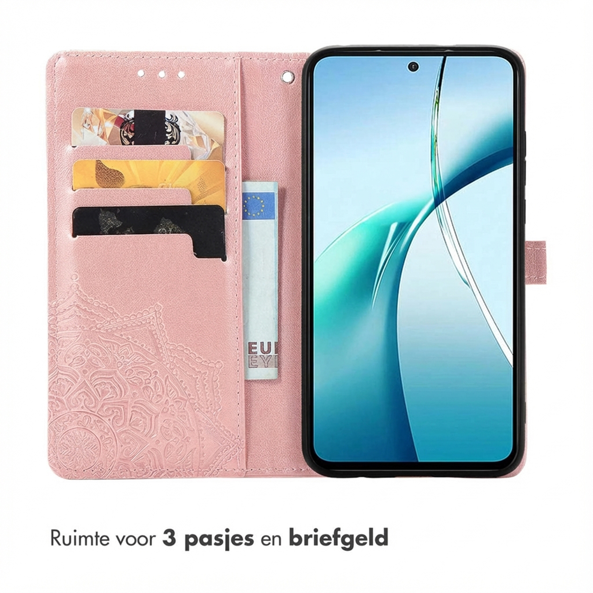 Una custodia rosa per telefono con slot per carte e uno smartphone.