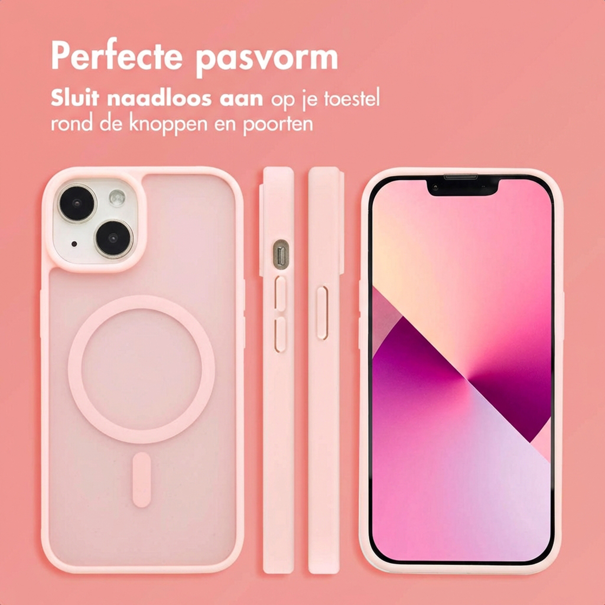 Roze iPhone hoesje met camera-uitsparing en magneetring. Zijaanzicht.