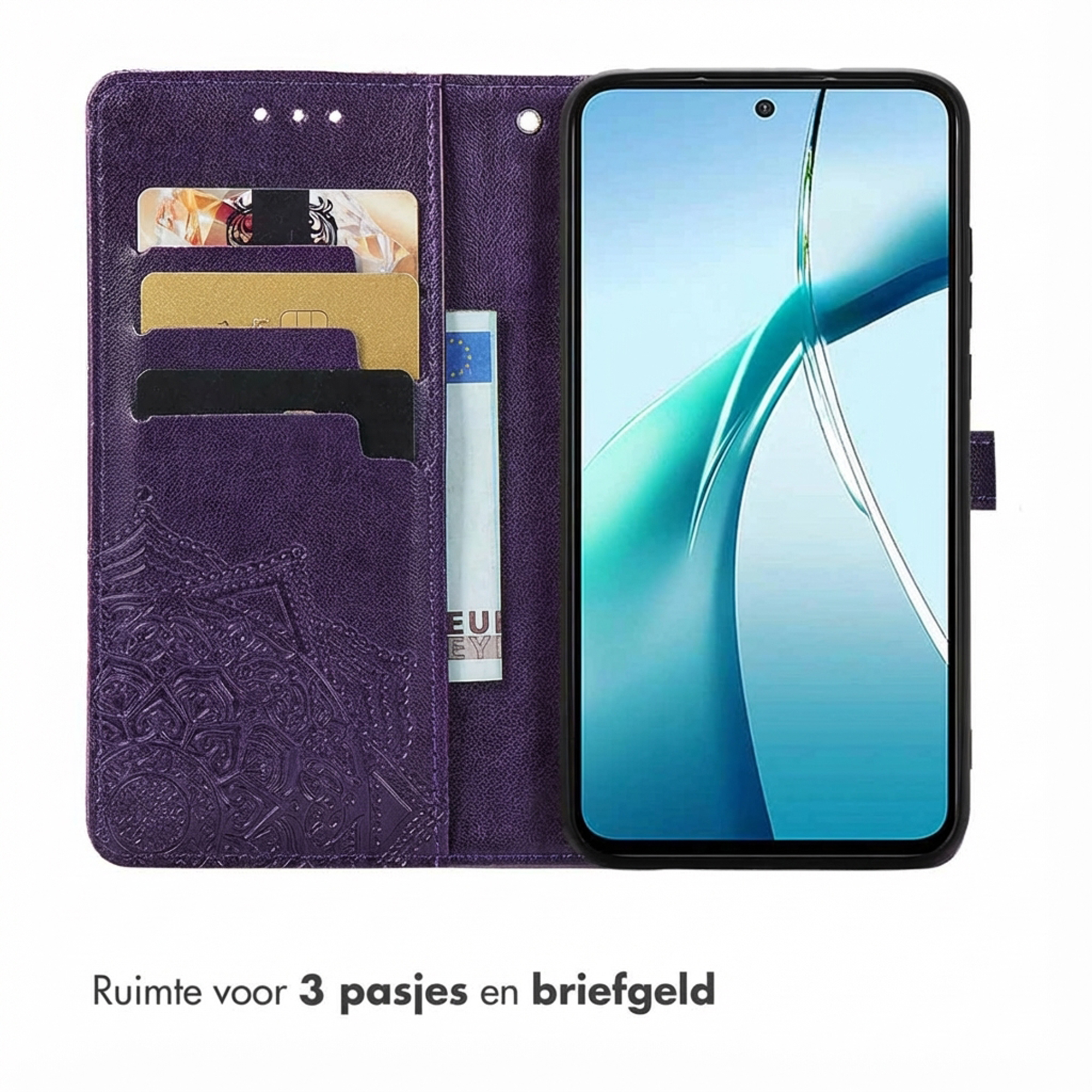 Paarse telefoonhoes met kaartsleuven en geldvak, naast een smartphone.