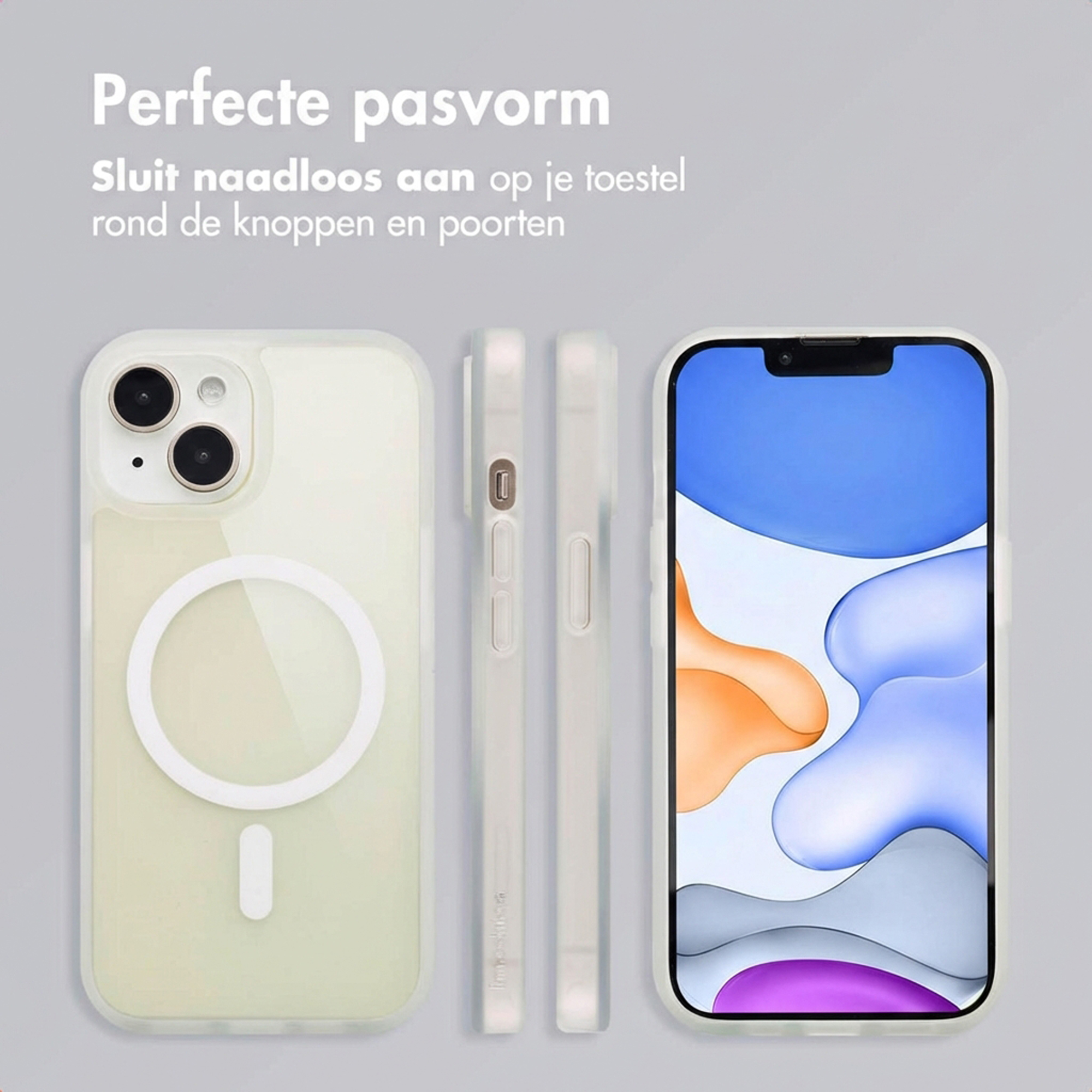 A white iPhone case with MagSafe ring and an iPhone with a colorful screen.