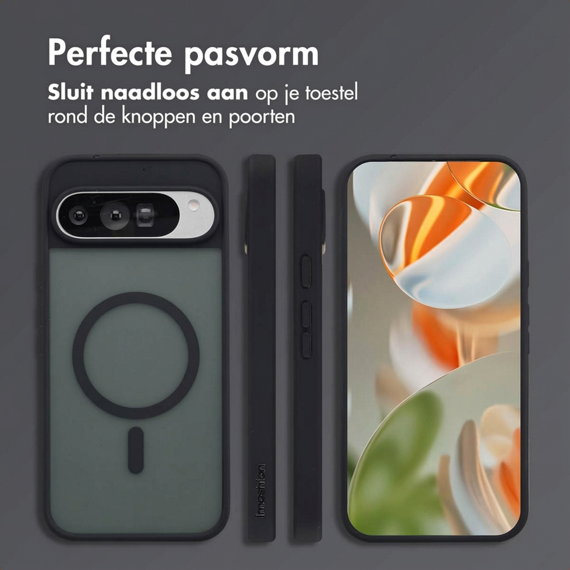 Un ensemble de coques noires pour téléphone montrant l'arrière, le côté et l'écran.
