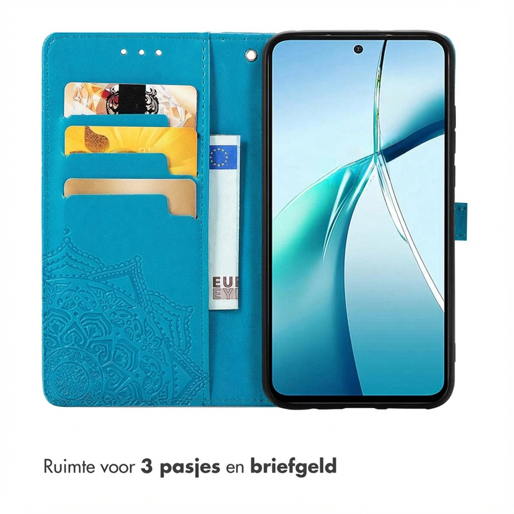 Turquoise telefoonhoesje met kaartsleuven, met een telefoon met blauw scherm.