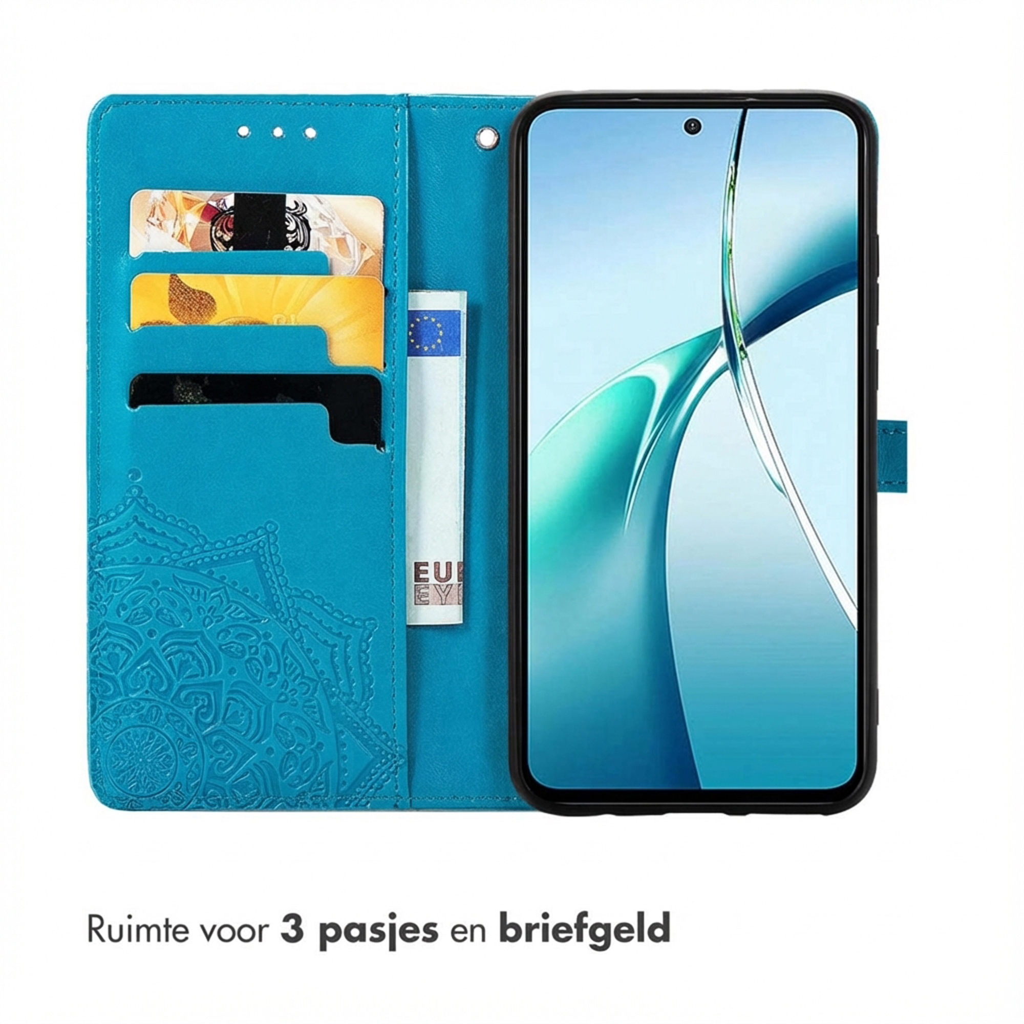 Custodia blu per telefono con slot per schede e un telefono. Motivo mandala.