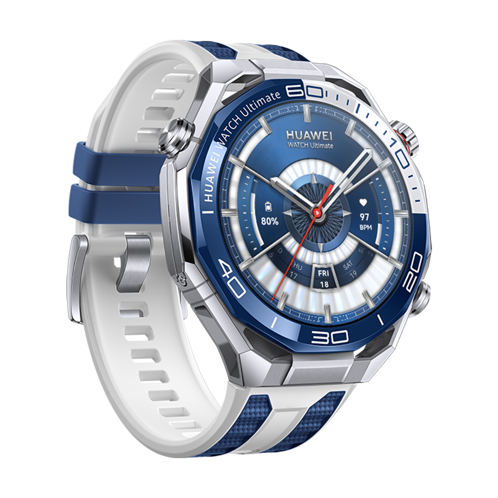 Srebrny smartwatch z niebieską tarczą, białym paskiem i niebieskimi akcentami.