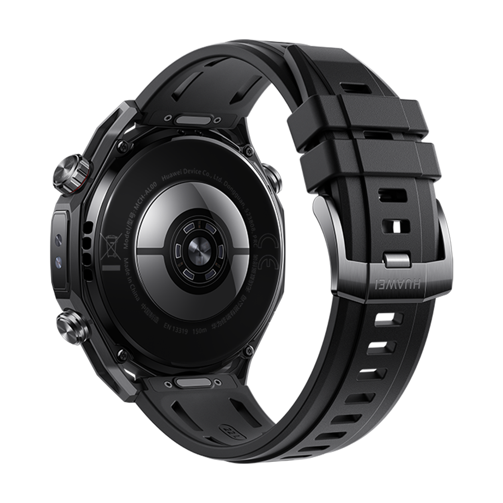 Back view of a black smartwatch with a silicone strap and Huawei logo.