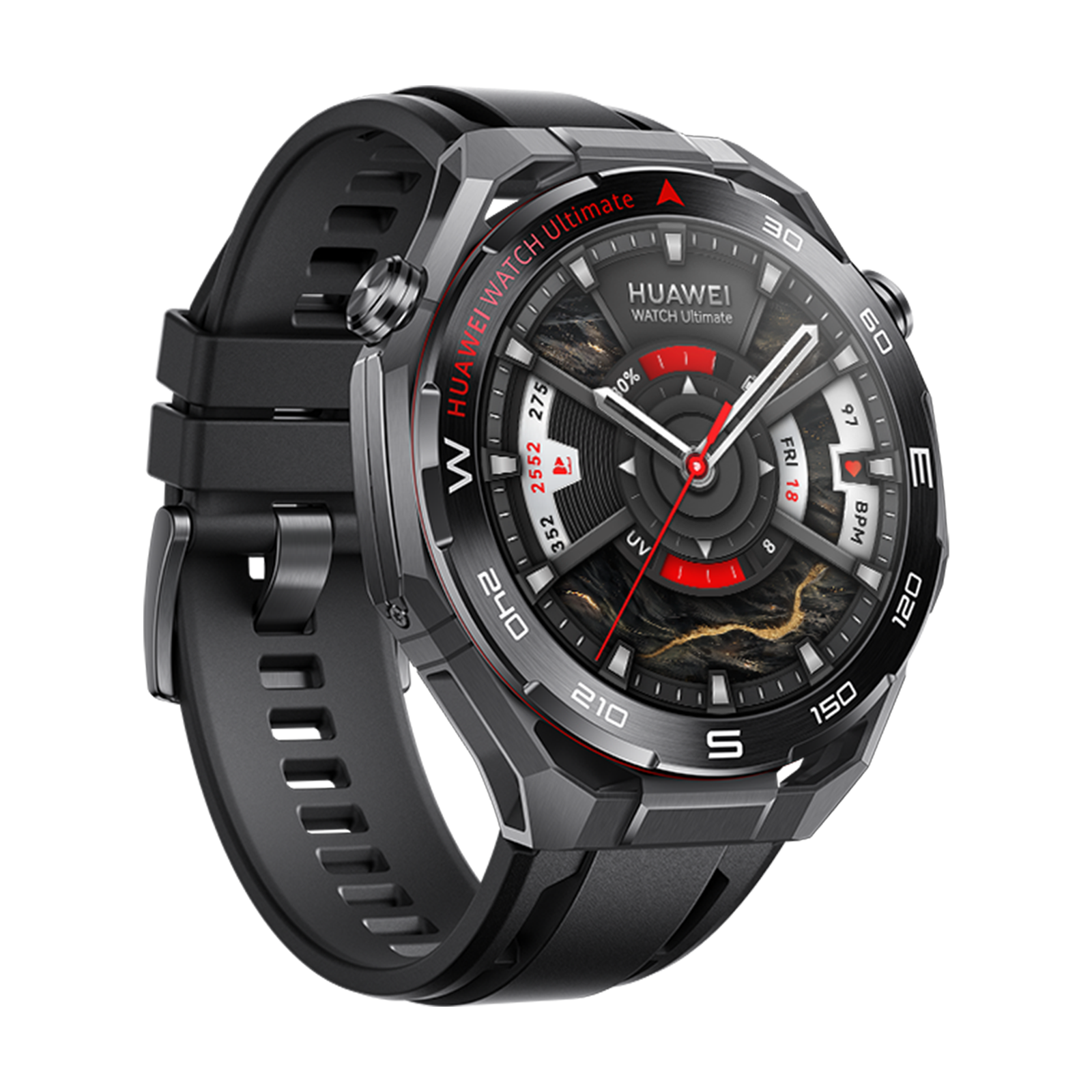 A black Huawei smartwatch with a silver case and black strap.