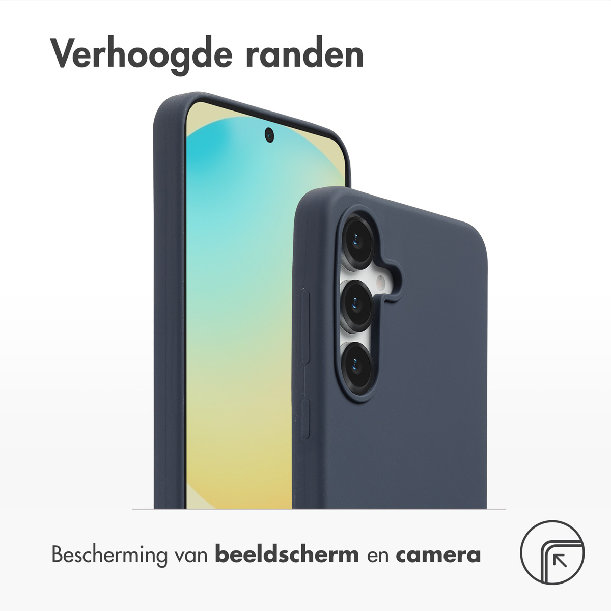 Téléphone bleu foncé avec trois caméras dans un étui de protection.