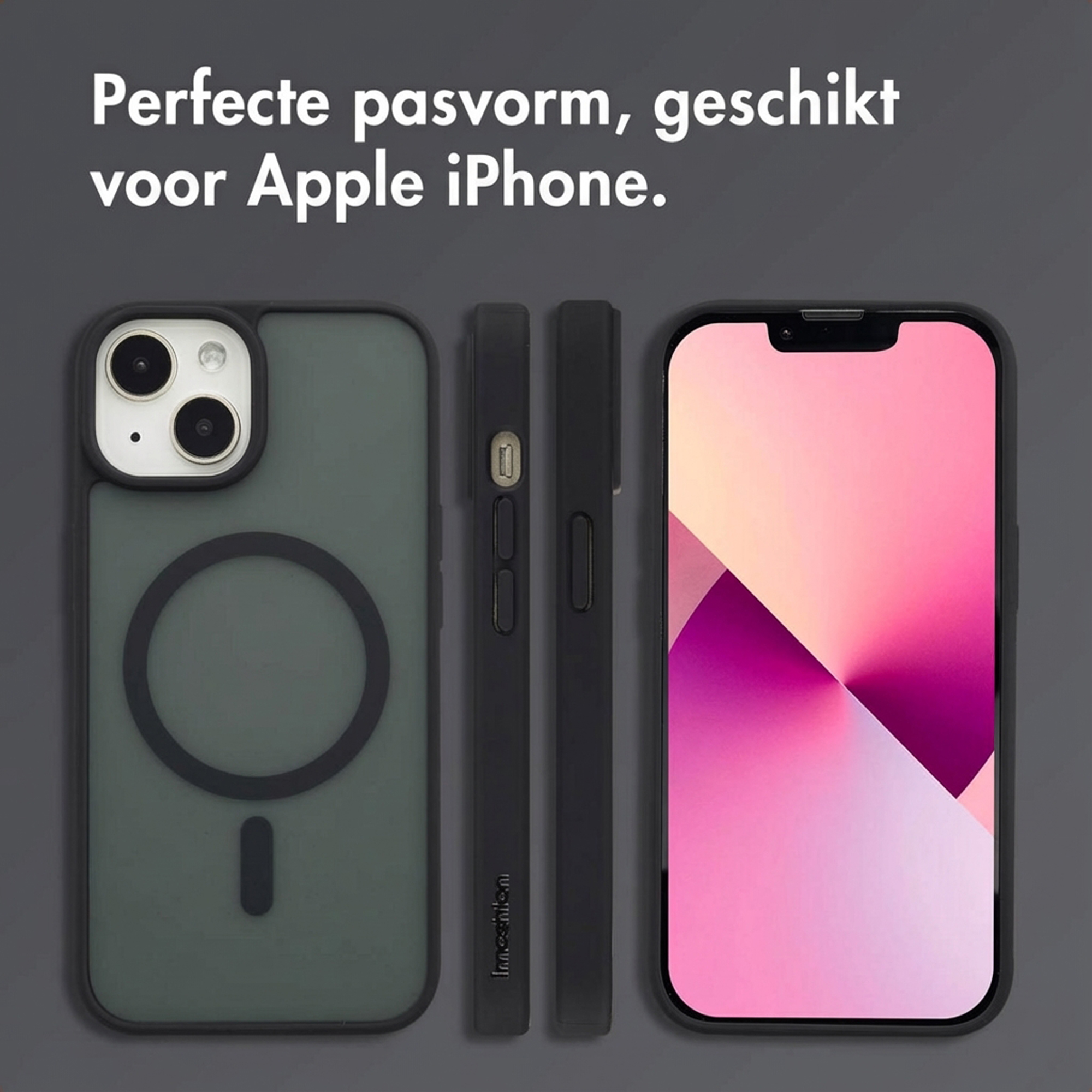 Drie weergaven van een iPhone hoesje: achterkant, zijaanzicht en voorkant met scherm.