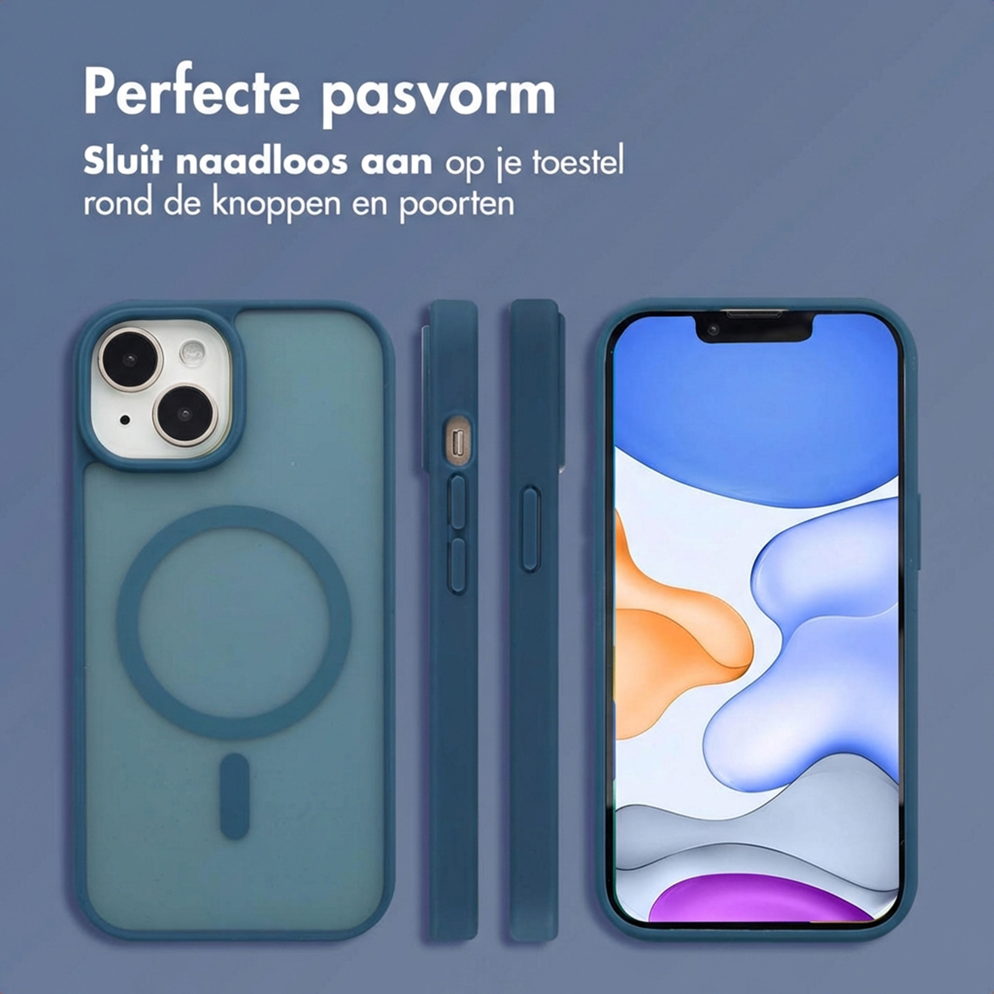 Teal phone case with perfect fit design on a grey background.