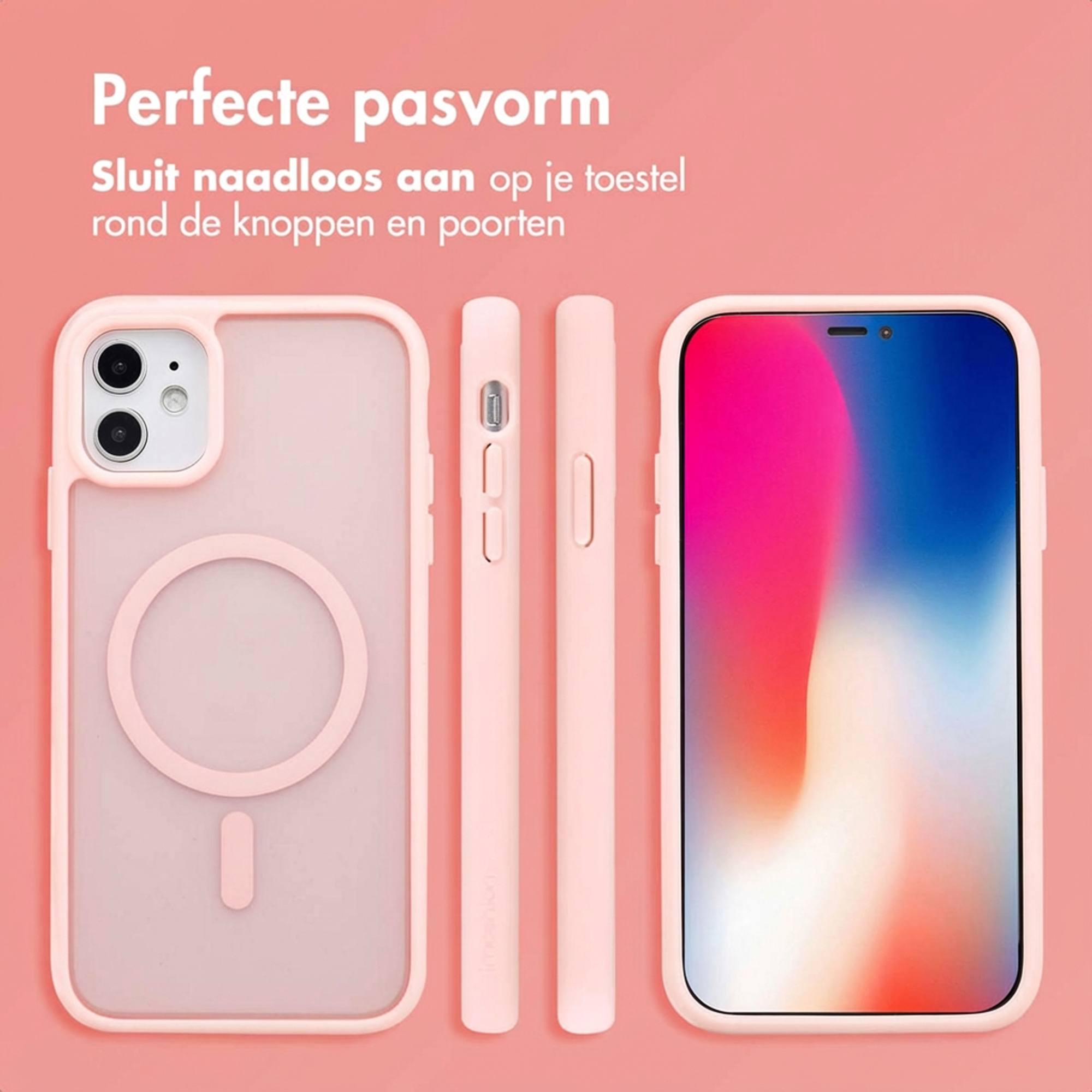 Een roze telefoonhoesje met een iPhone en twee zijaanzichten.