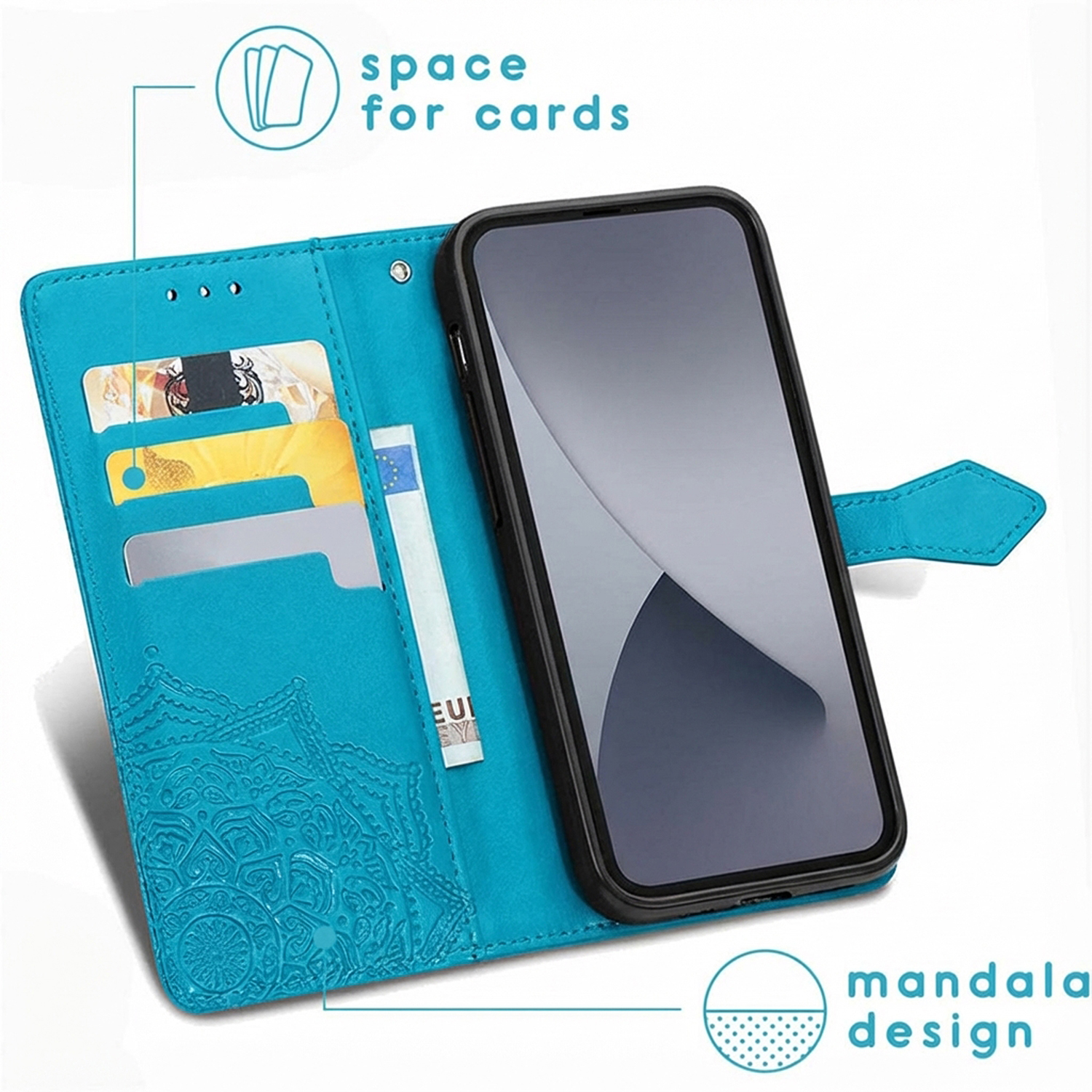 Turquoise portemonfeehoes met kaartsleuven, een telefoon en mandala-ontwerp.
