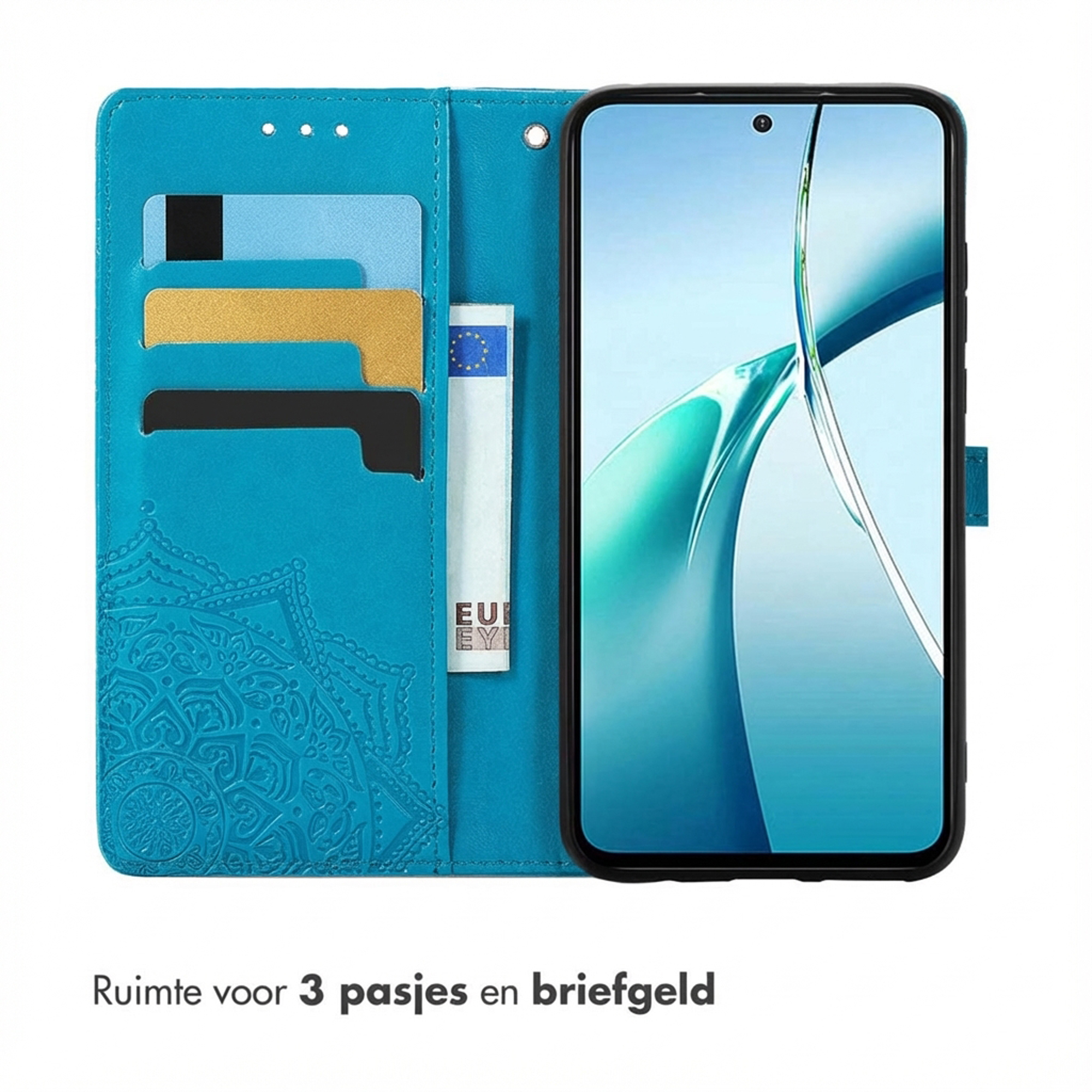 Custodia a libro blu con slot per carte e telefono.