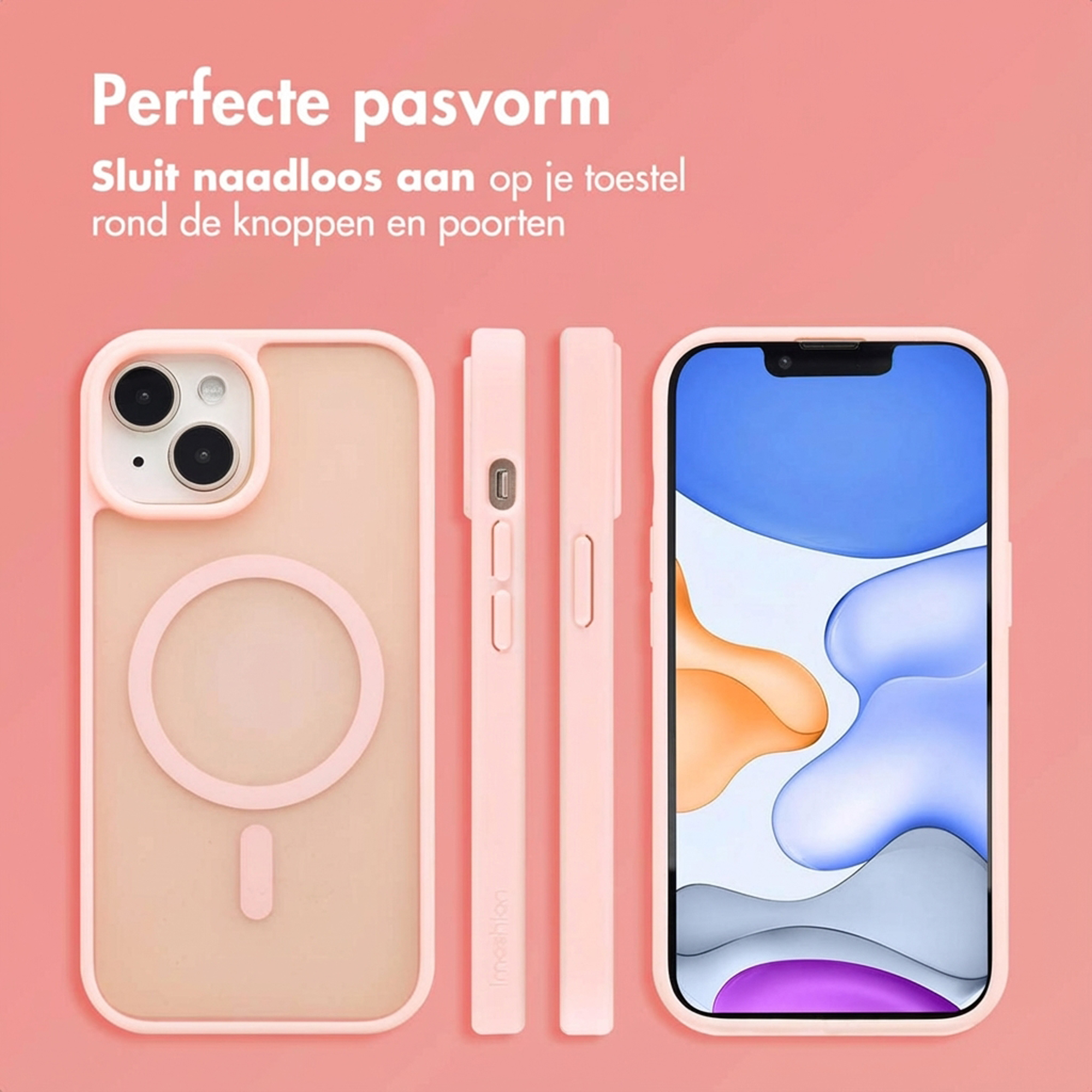 A pink iPhone case with MagSafe and an iPhone screen with wallpaper.