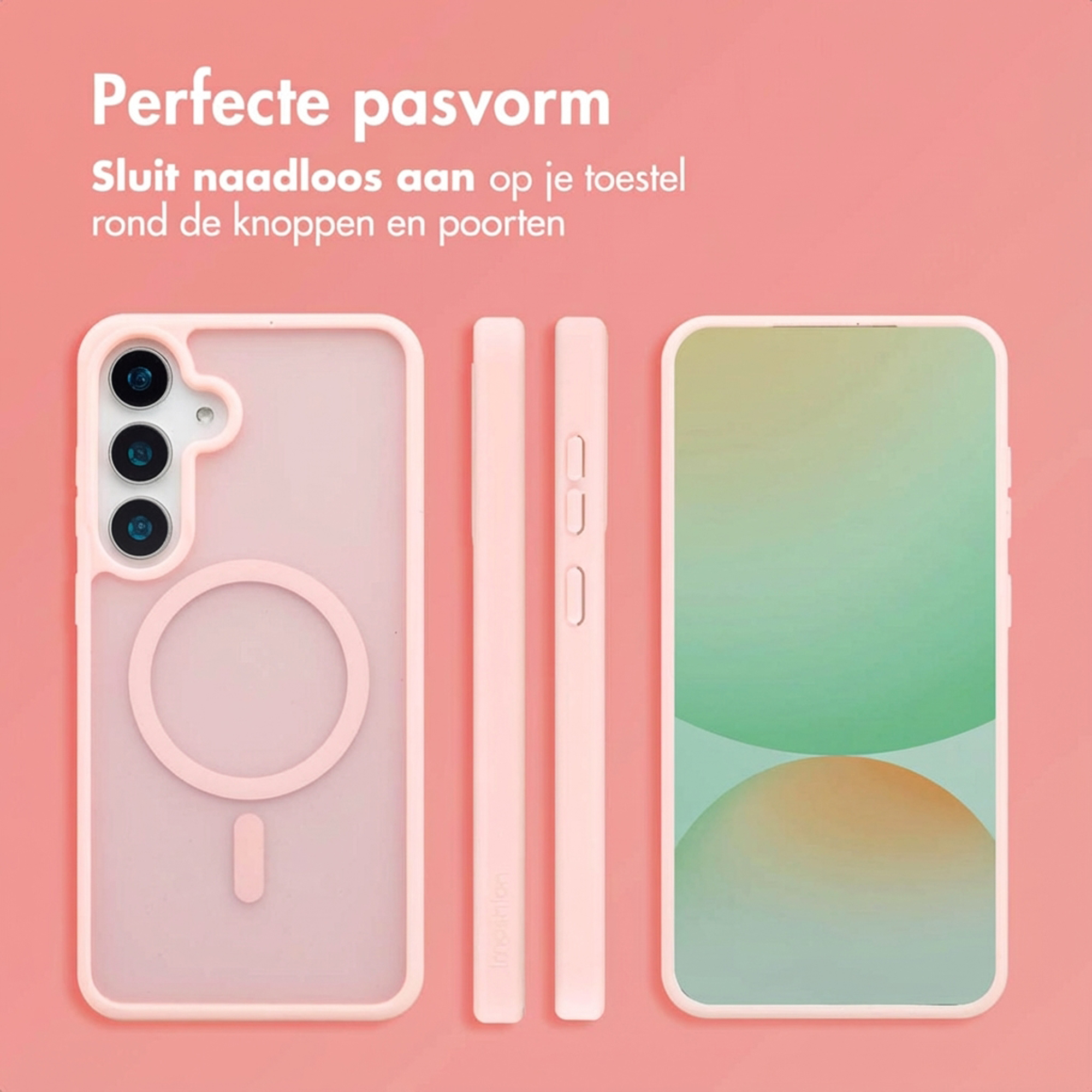 Een roze telefoonhoes met camera, magneetring en telefoonscherm.