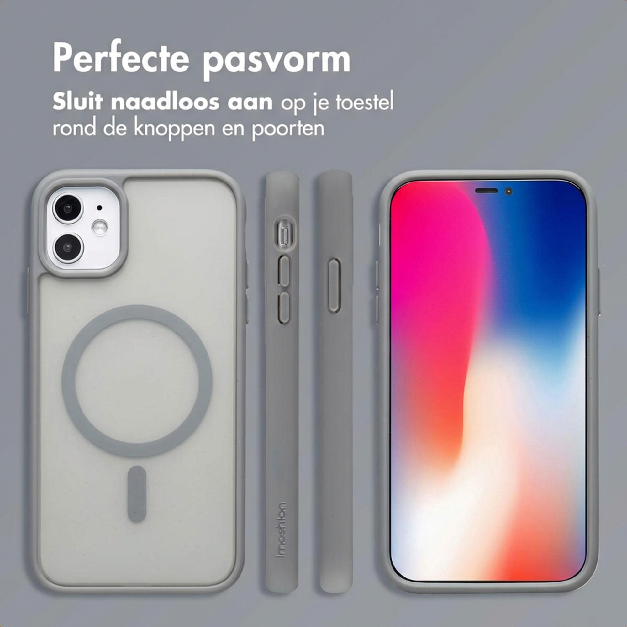 Grijze telefoonhoes met cameragat en MagSafe-cirkel.