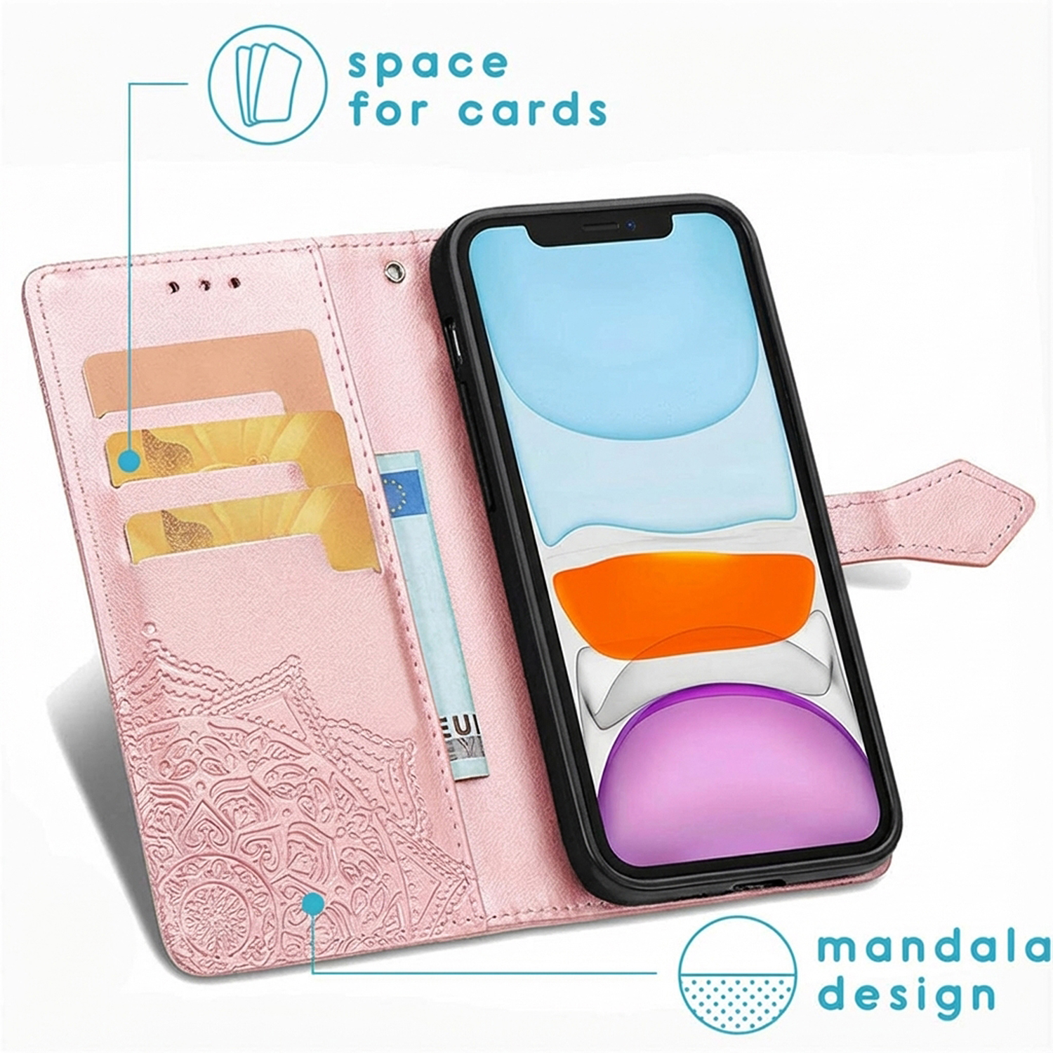 Een roze telefoonhoesje met kaartsleuven en mandala-design.
