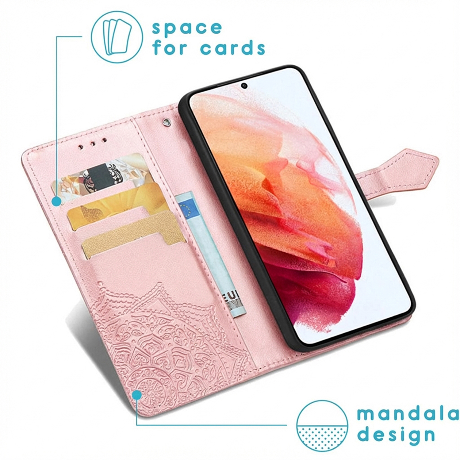 Roze telefoonportemonneehoes met kaarthouders en mandala-ontwerp.