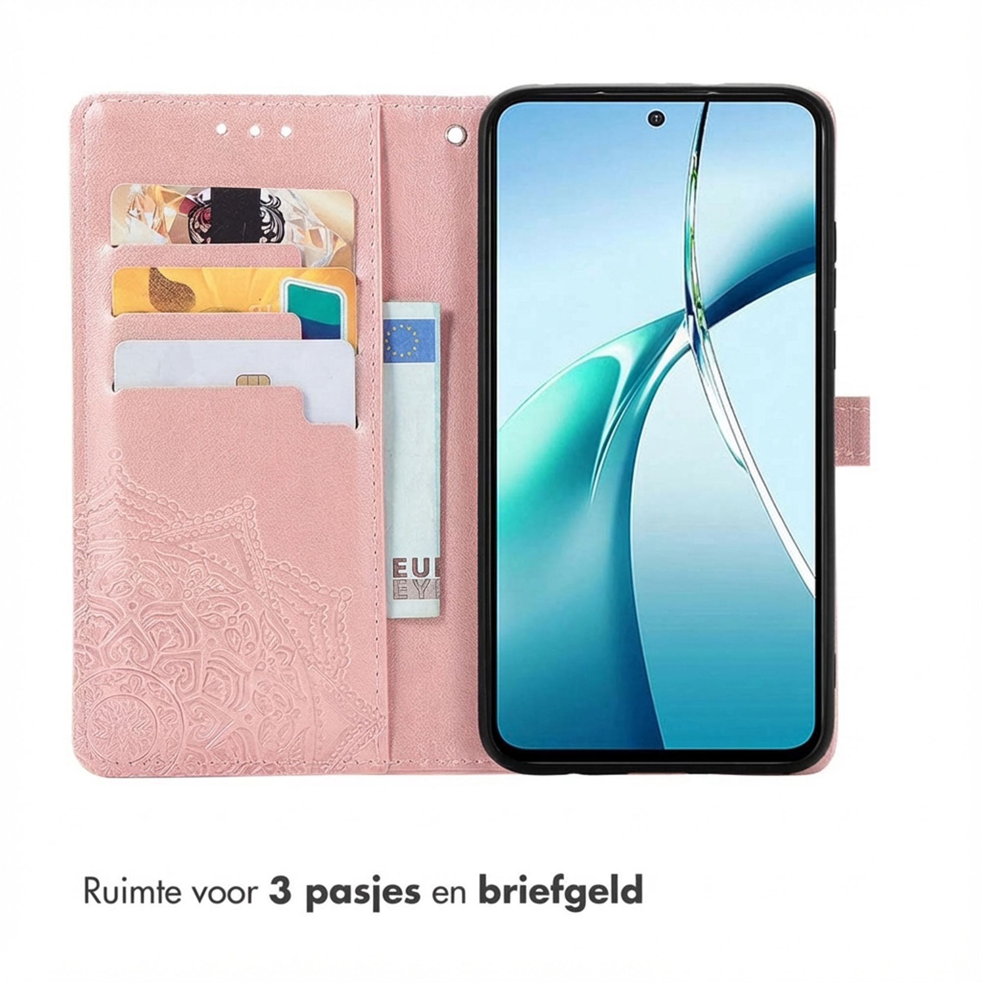 Un étui de téléphone rose avec des fentes pour cartes et un téléphone.
