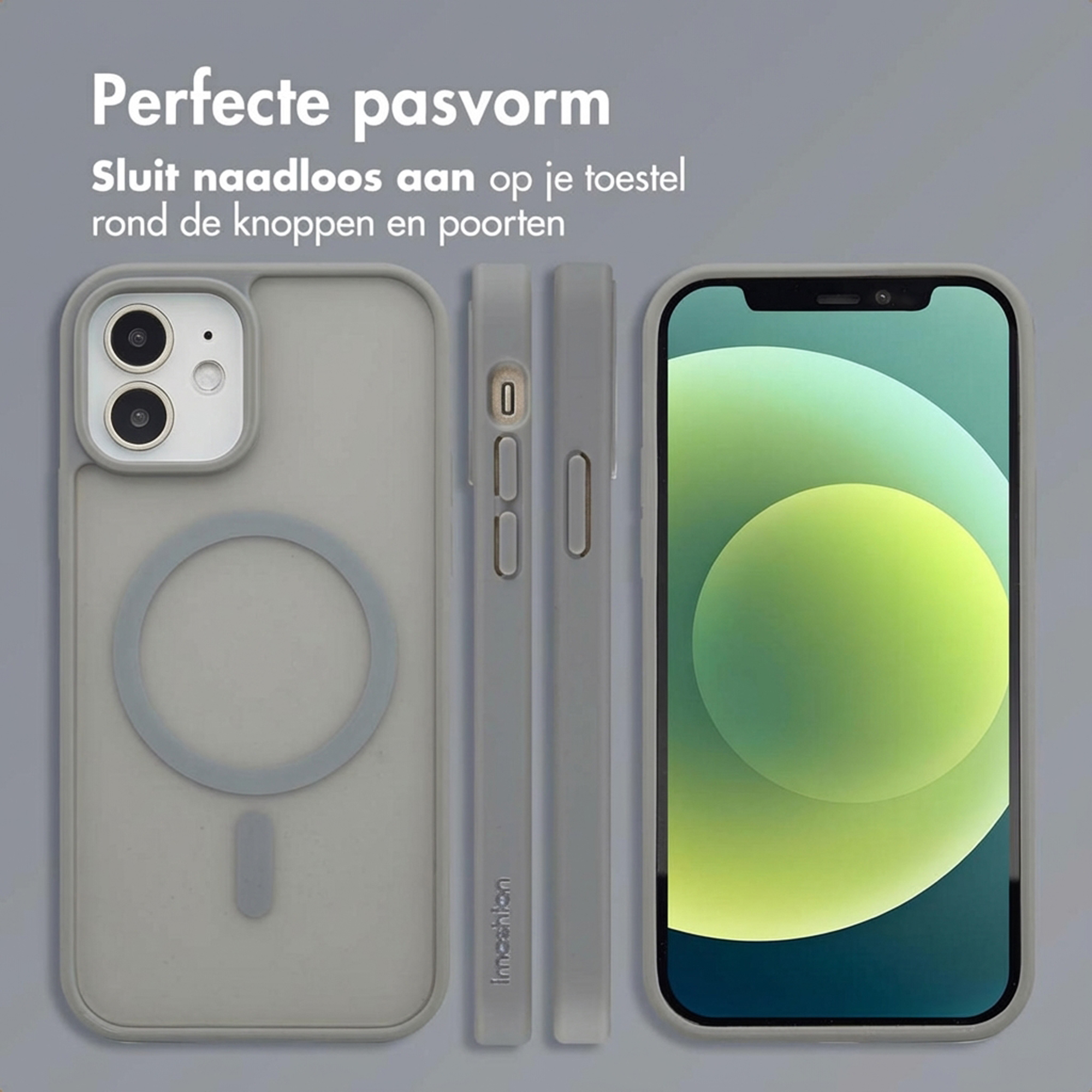 Grijze telefoonhoes met magneetring en iPhone met groene achtergrond.