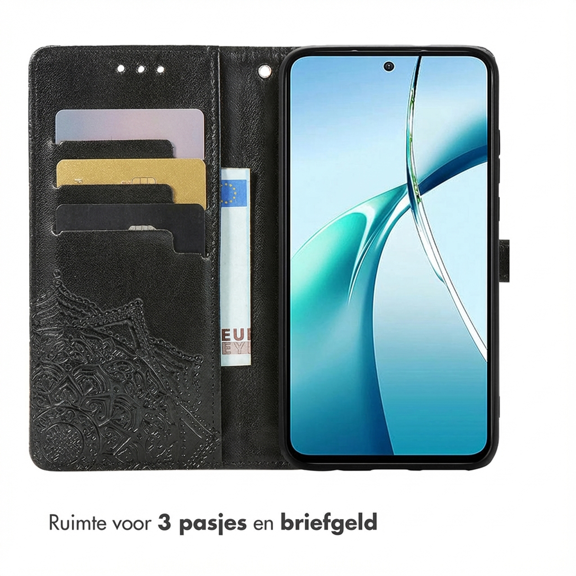 Custodia nera per telefono con slot per carte e scomparto banconote.