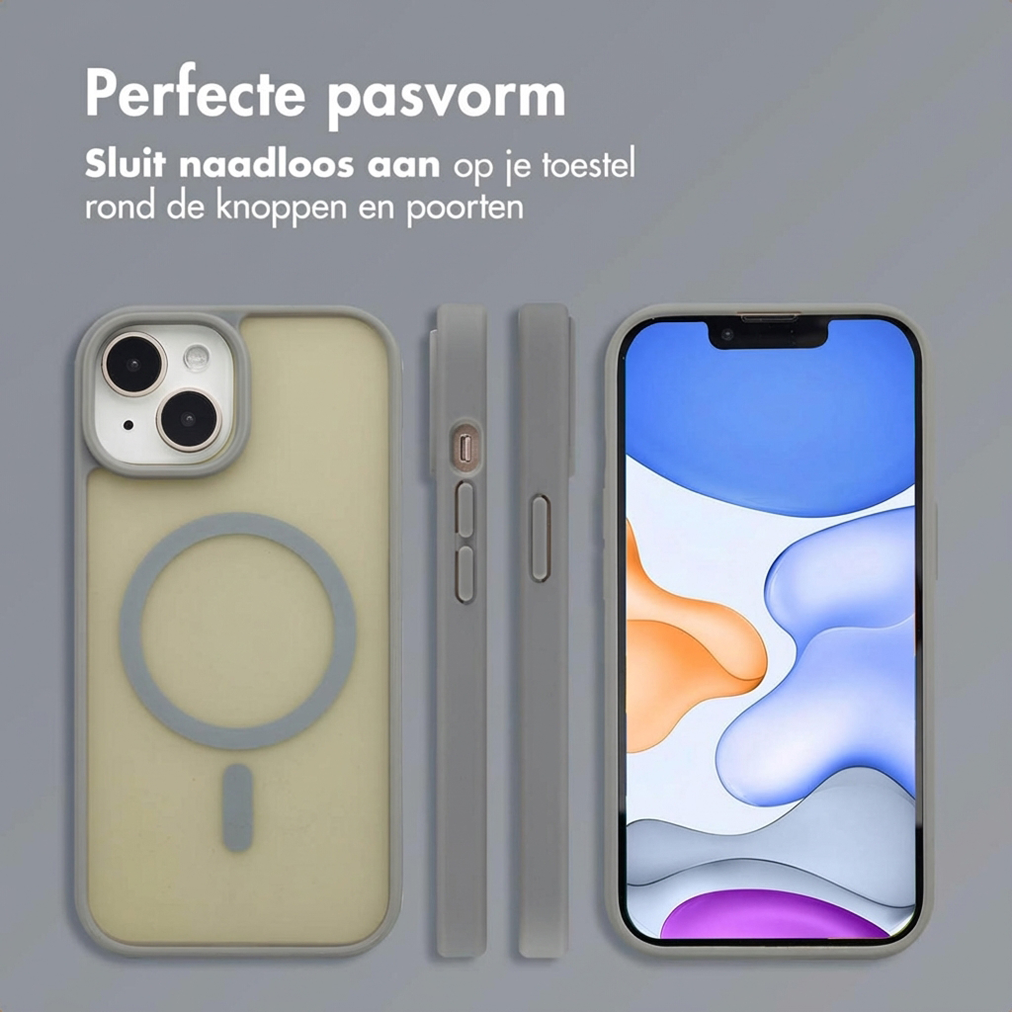 Gray phone case with MagSafe circle and iPhone on gray background.