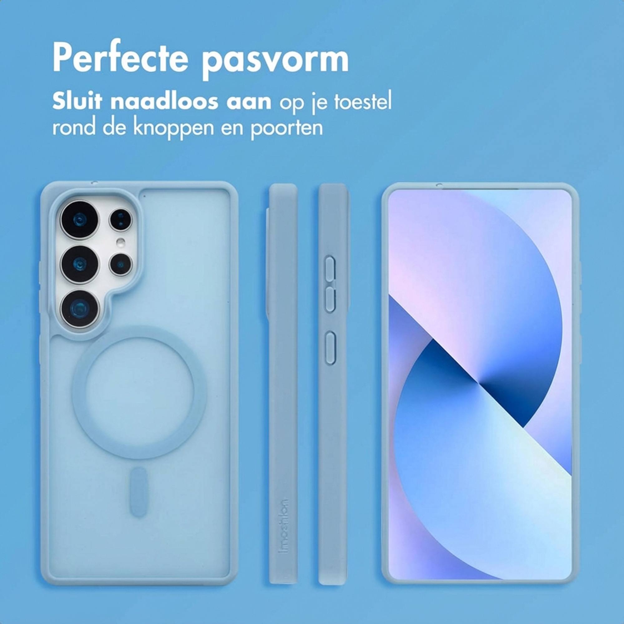 Lichtblauwe telefoonhoes en smartphone met patroon op blauwe achtergrond.