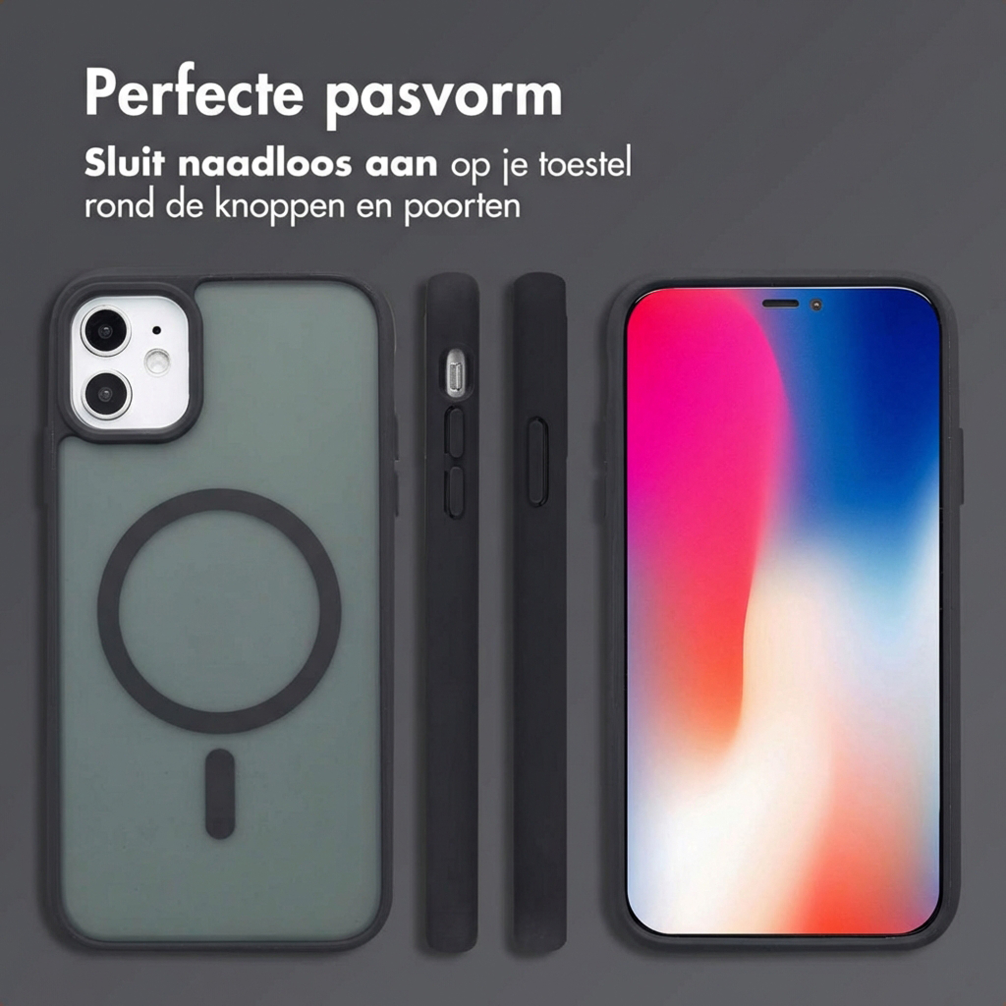 Coque iPhone vert foncé avec caméras et anneau magnétique.