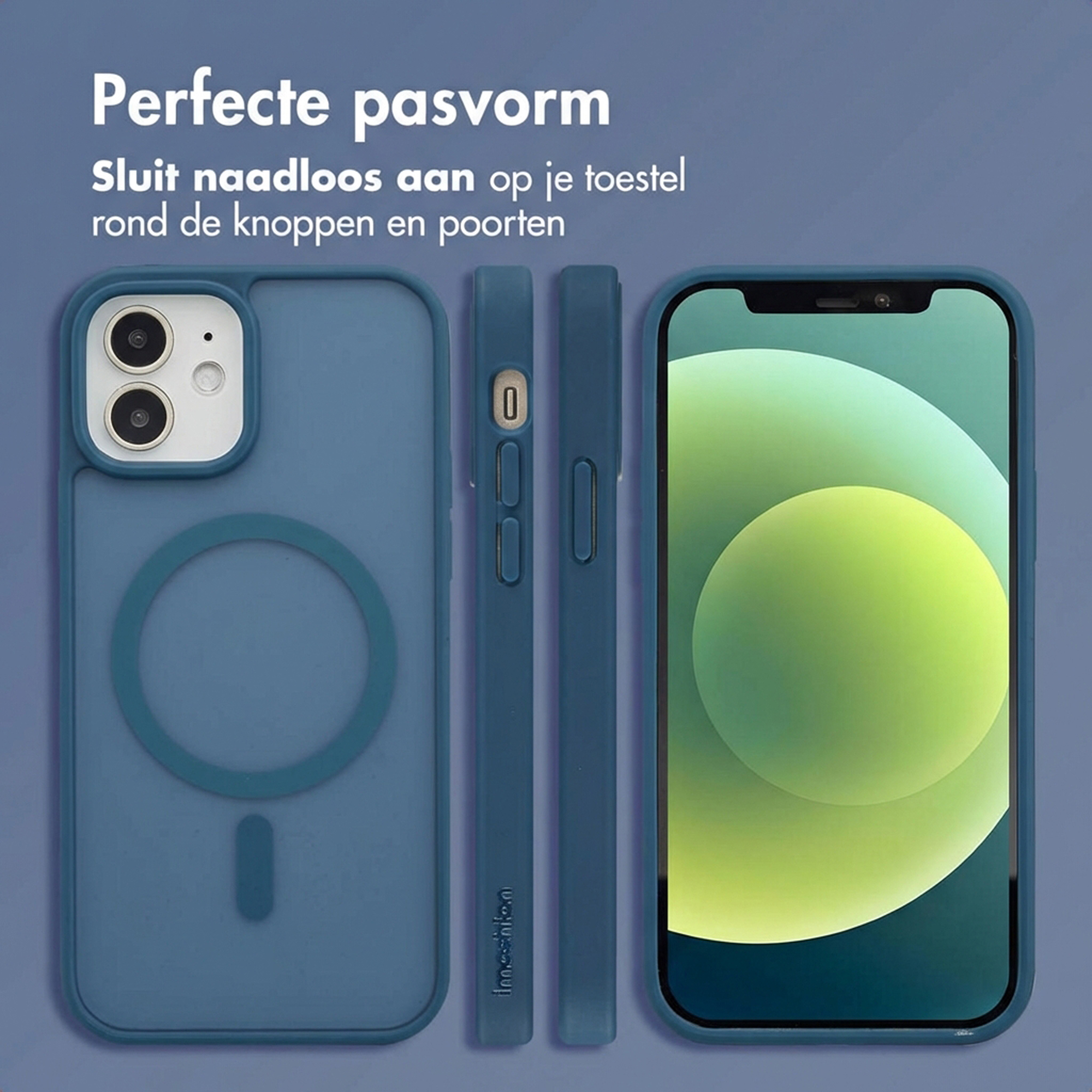 Blauw telefoonhoesje en smartphone naast elkaar. Perfecte pasvorm.
