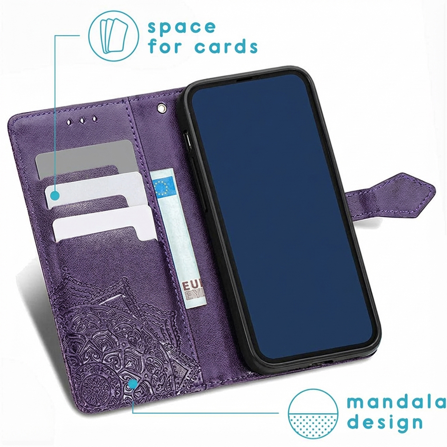Paarse telefoonhoes met kaartsleuven en mandala-ontwerp.