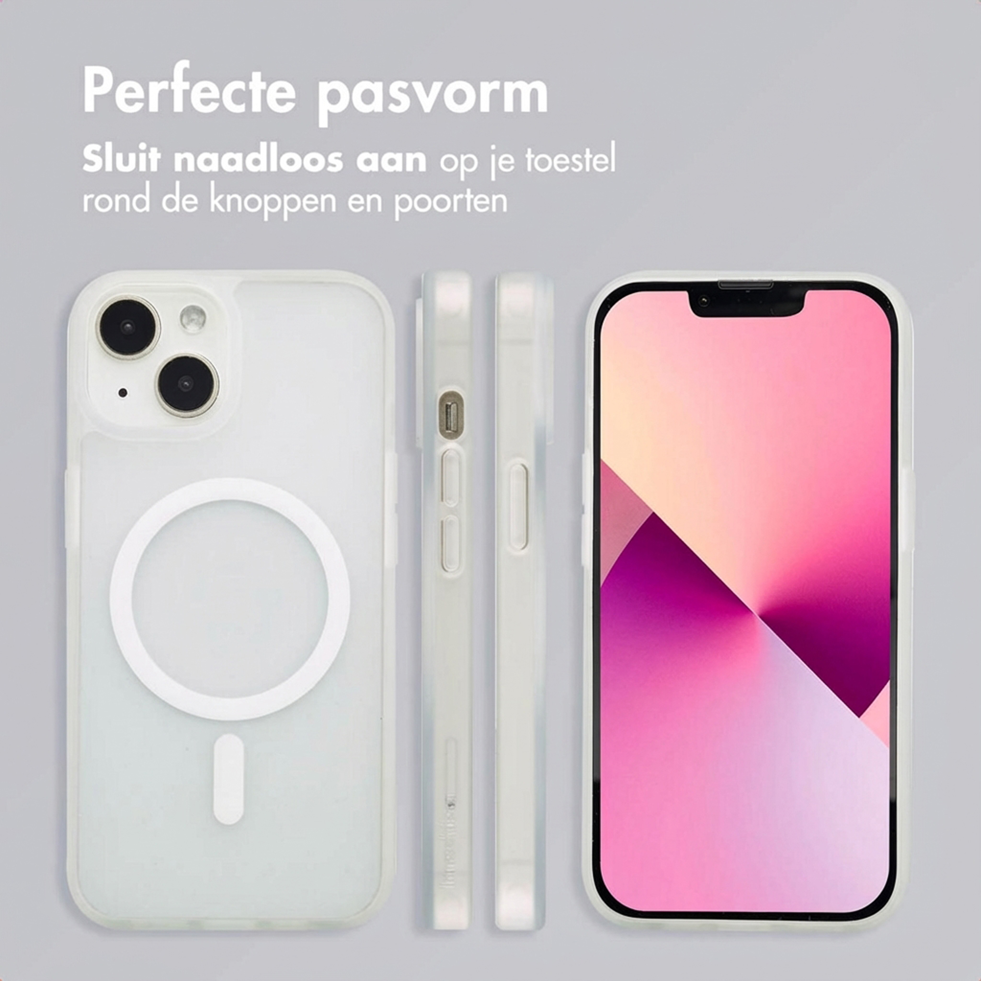 Een doorzichtige telefoonhoes model met telefoon. Magnetische ring.