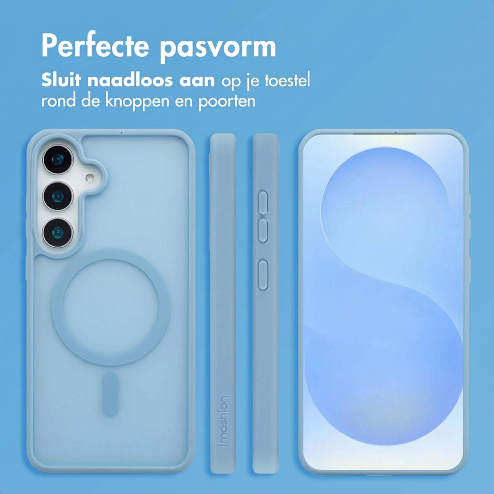 Un set di custodie per telefono azzurro che mostra il retro e i profili laterali.