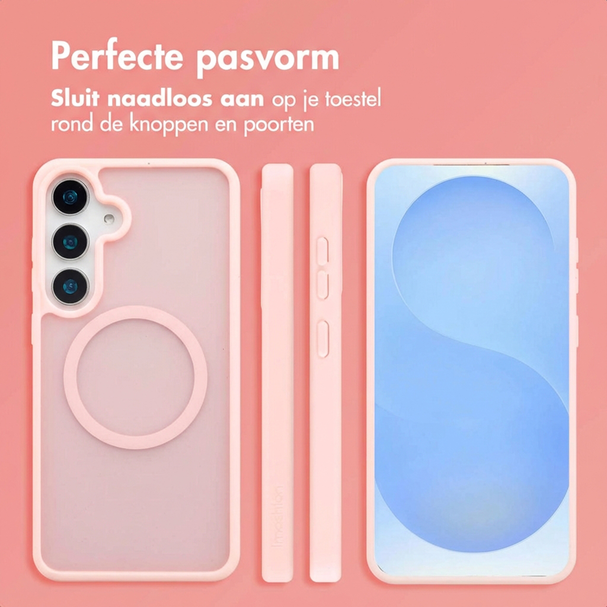 Custodia rosa per telefono con ritaglio fotocamera e anello. Accanto, display smartphone.