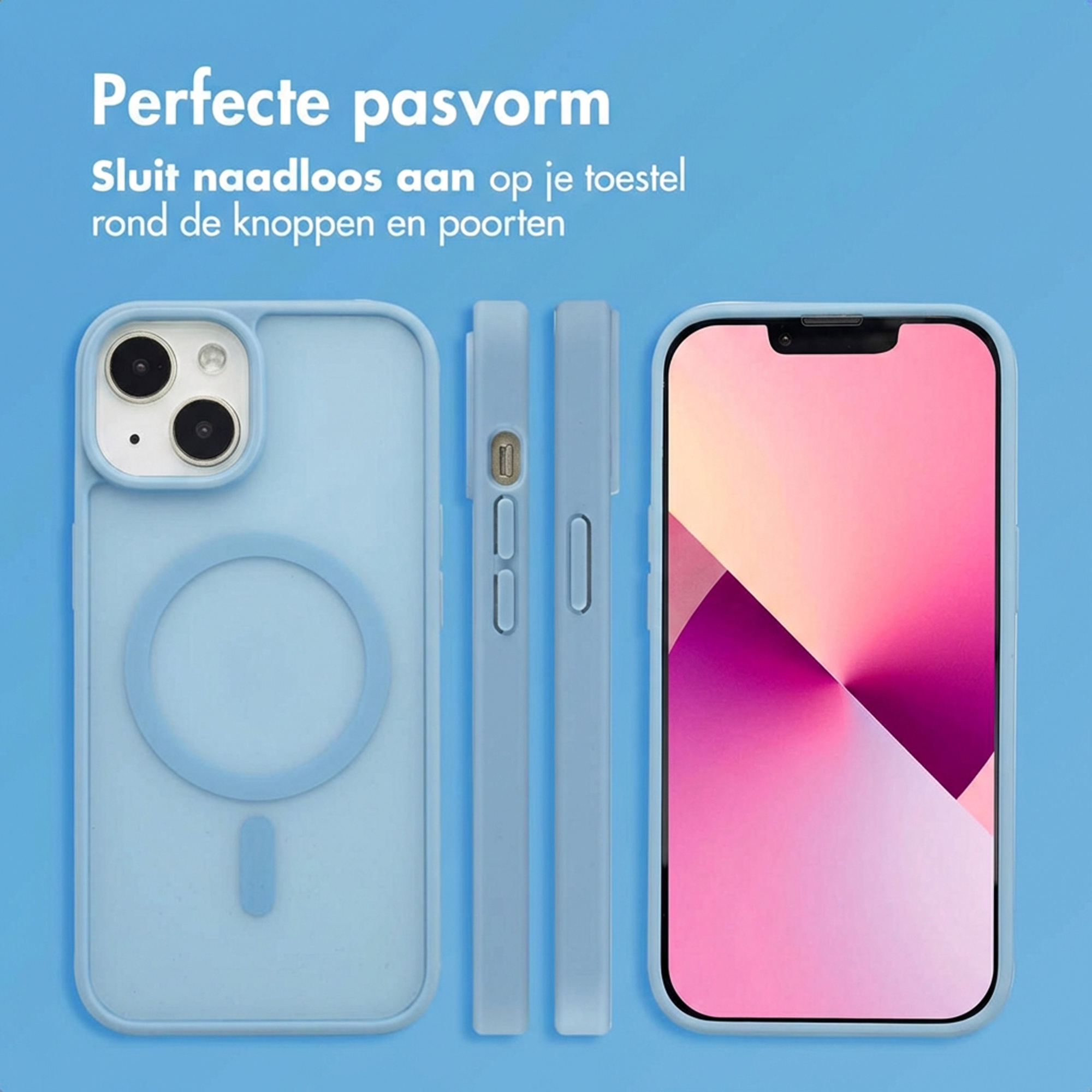 Lichtblauwe telefoonhoes, voor- en achterkant, met telefoon.