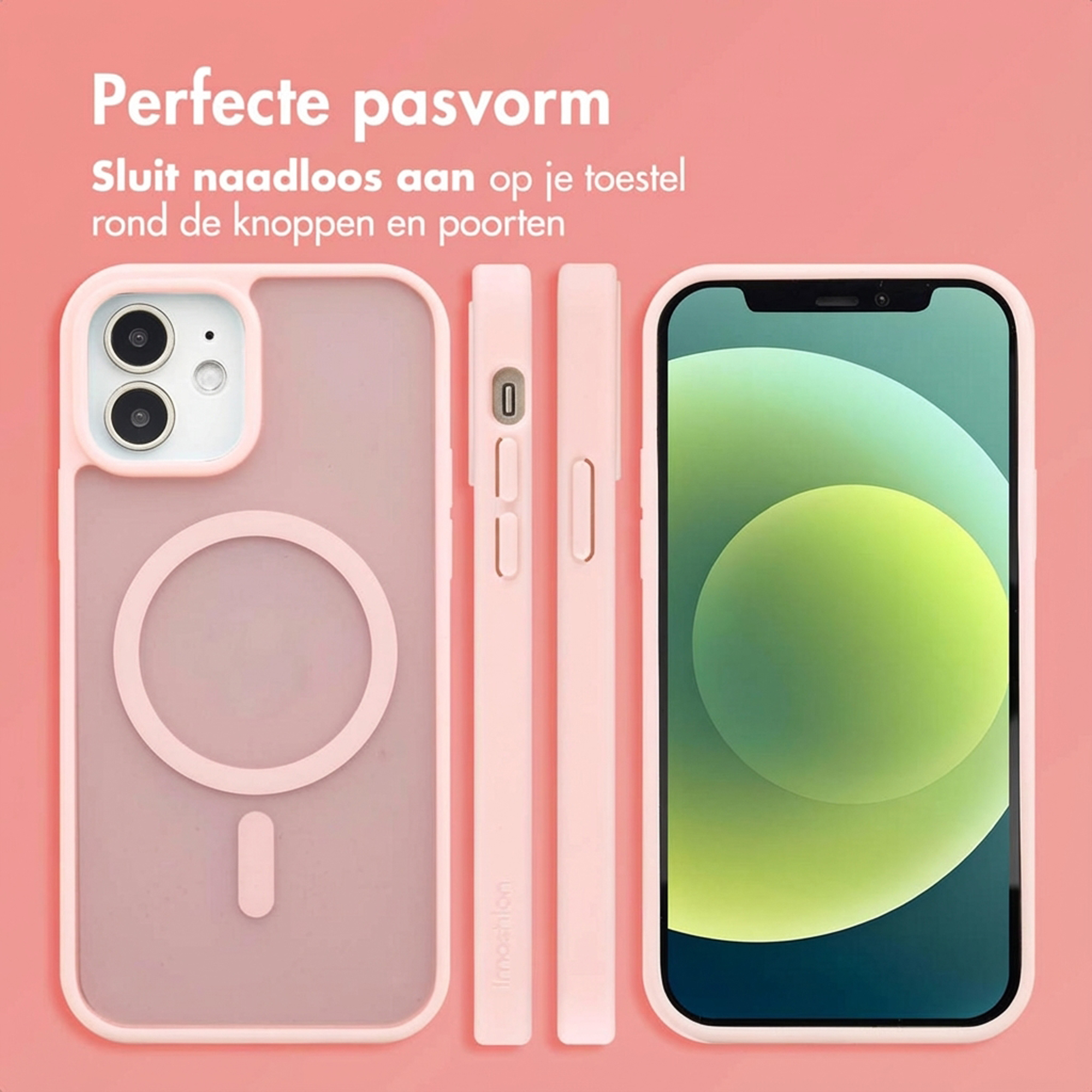Een roze telefoonhoes met een telefoon en twee hoesjes ernaast.