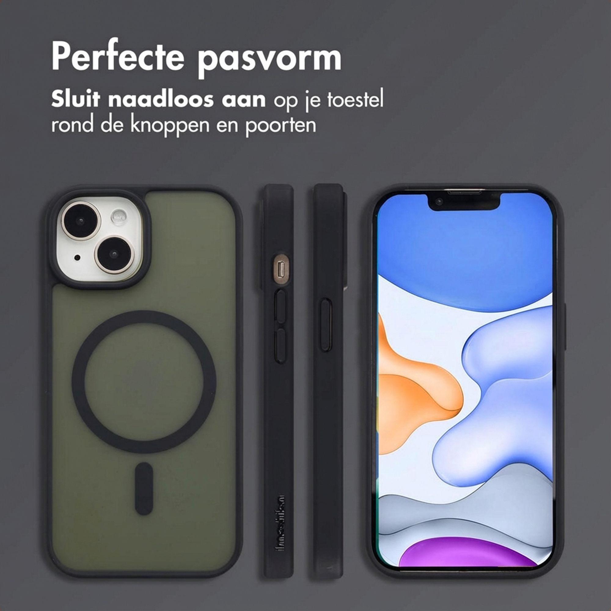 Green phone case, side view, and front view with screen.