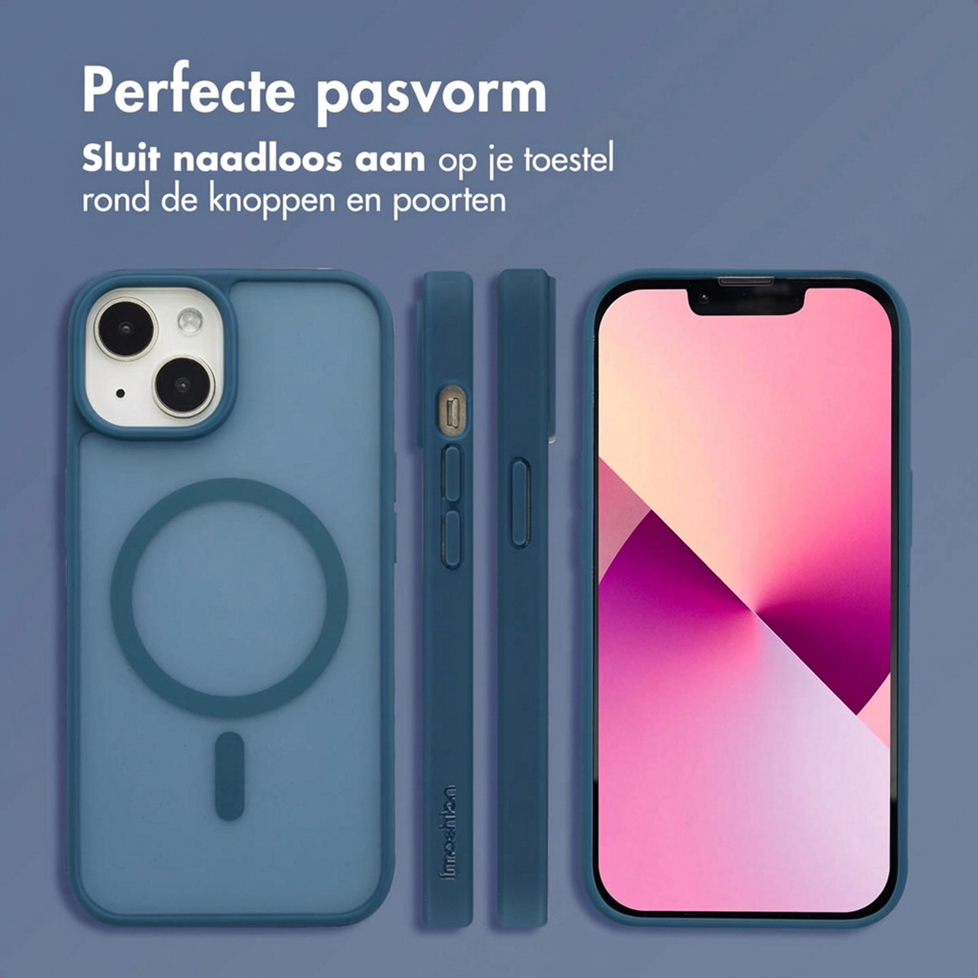 Blauw telefoonhoesje met achtercamera en MagSafe cirkel.