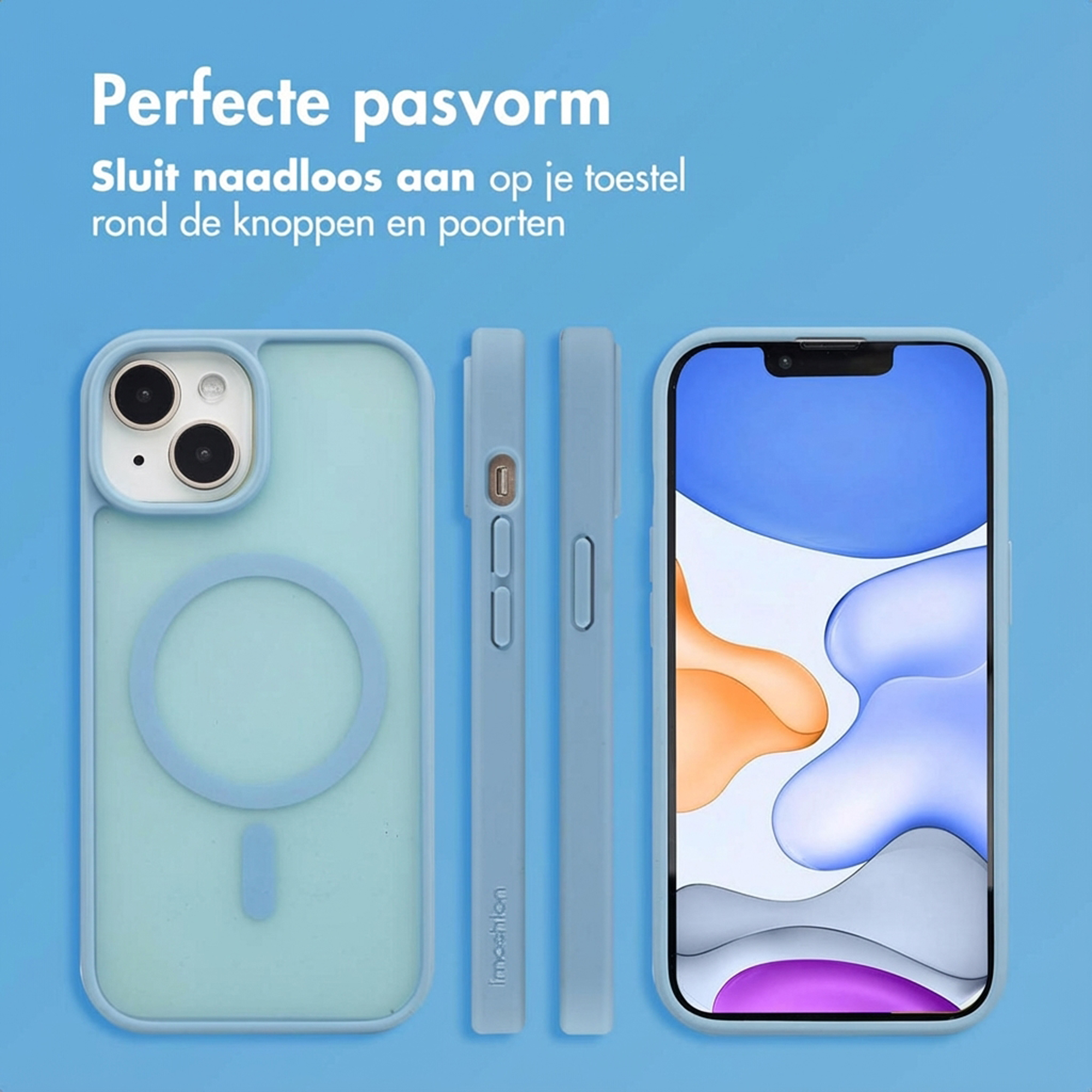 A light blue phone case with MagSafe ring and a smartphone with a colorful wallpaper.