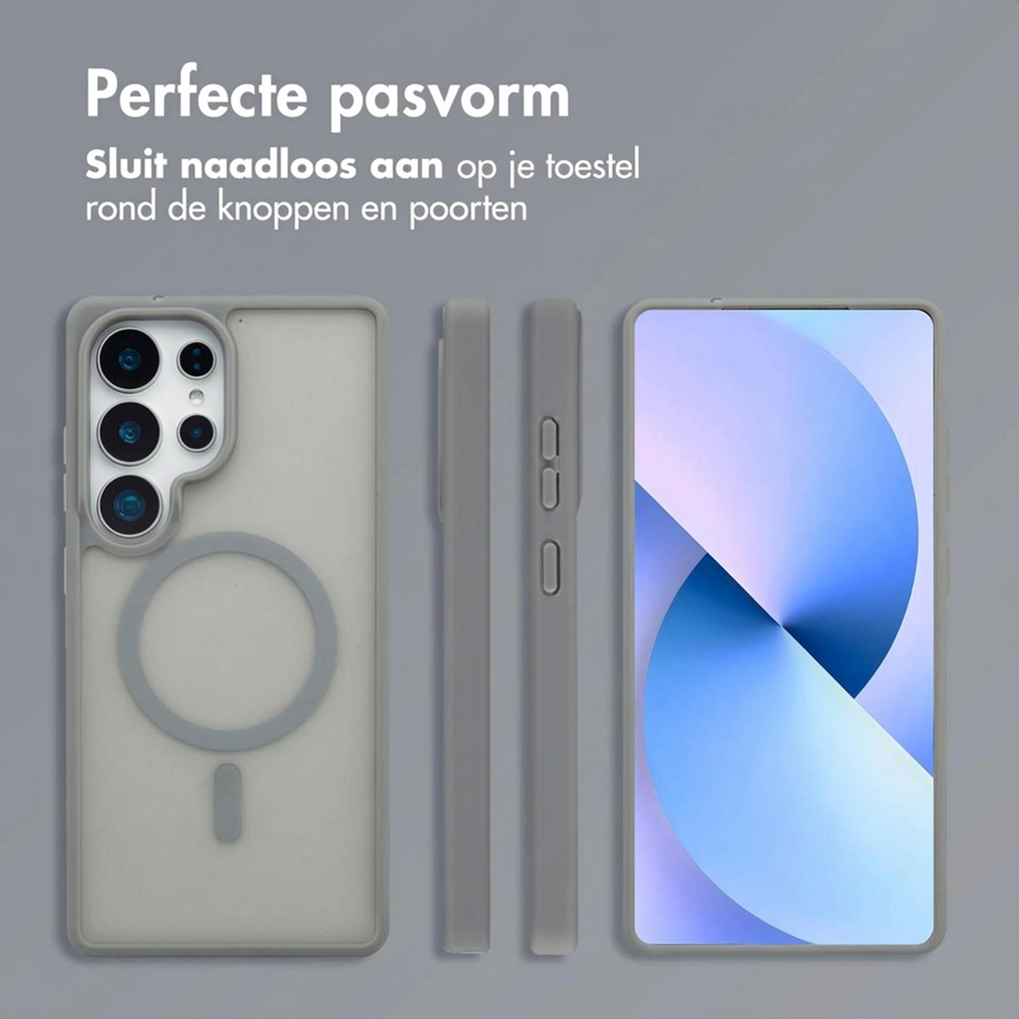 Coque de téléphone grise avec découpe caméra et anneau MagSafe.