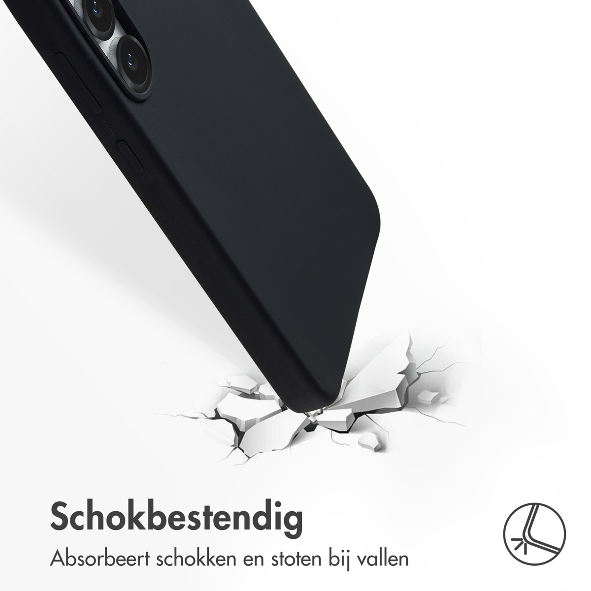 Zwarte telefoonhoes breekt witte ondergrond. Schokbestendig icoon.