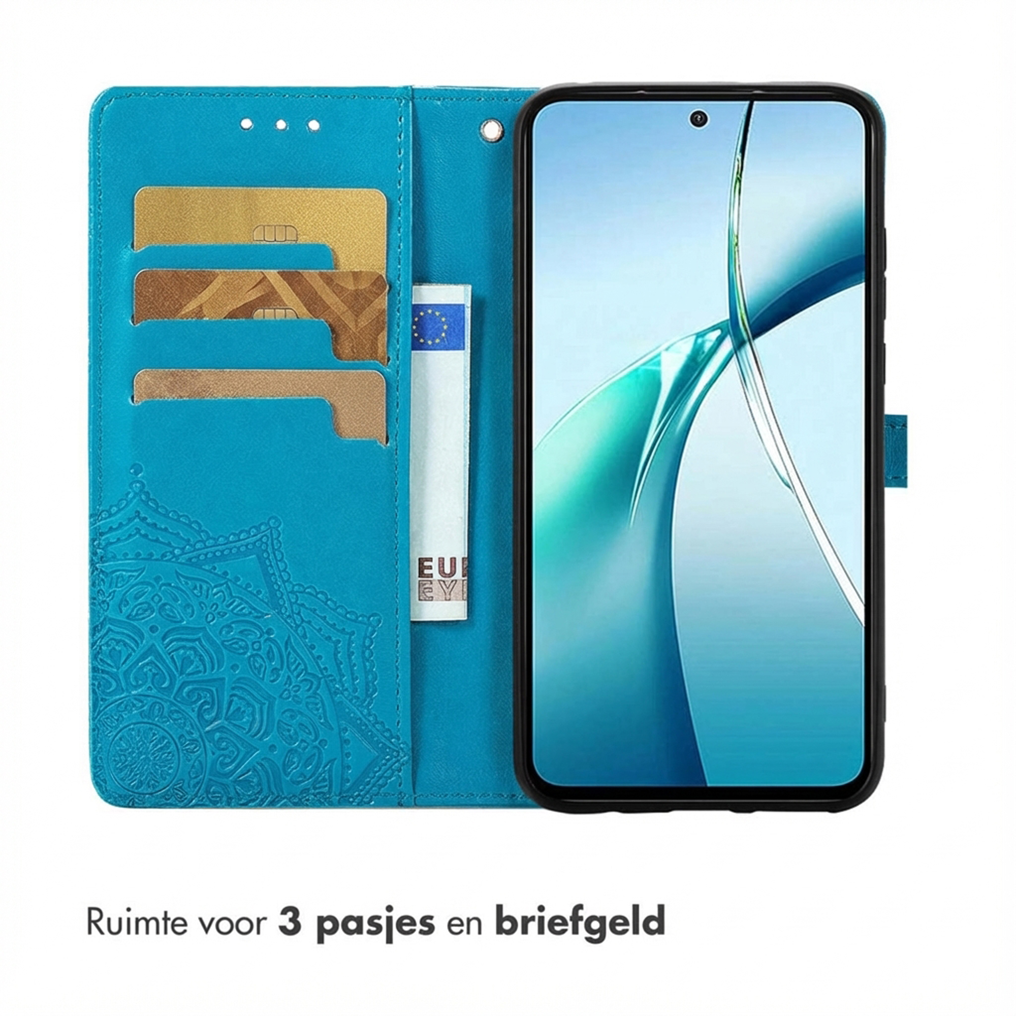 Turquoise telefoonhoes met kaarthouders en een telefoon.