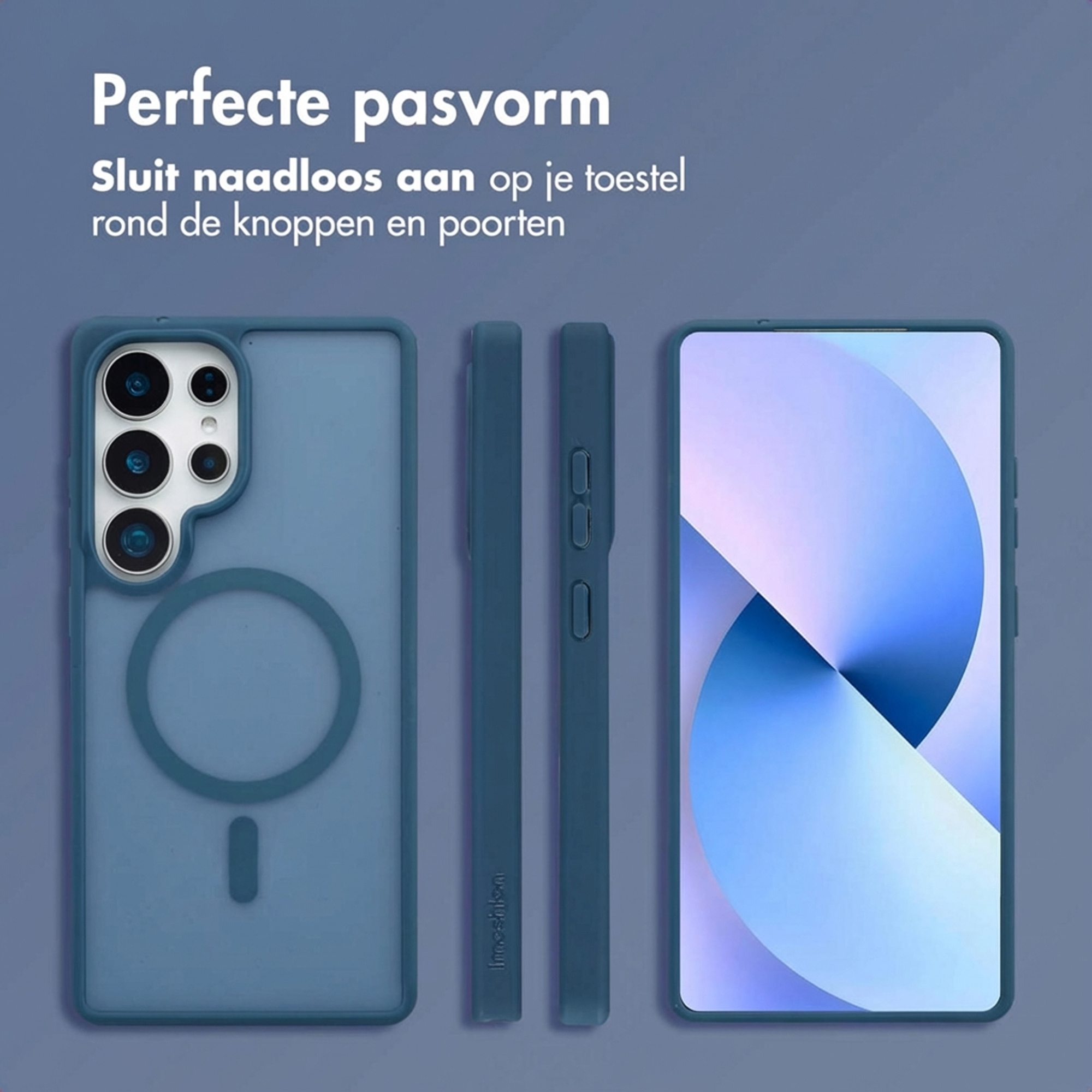 Coque de téléphone bleue avec caméras et anneau magnétique. Téléphone à côté.