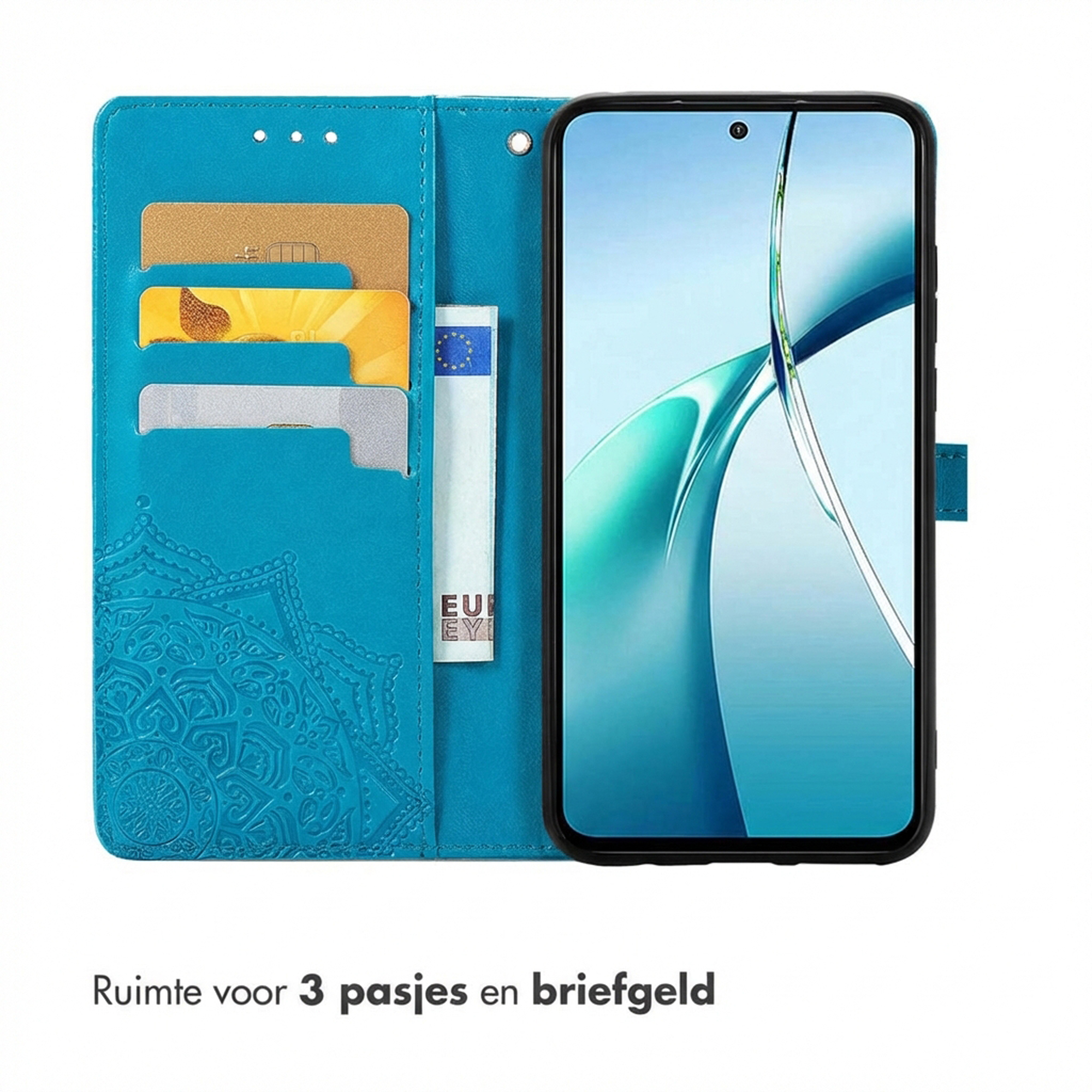 Blauw telefoonhoesje met kaarthouders en telefoon.