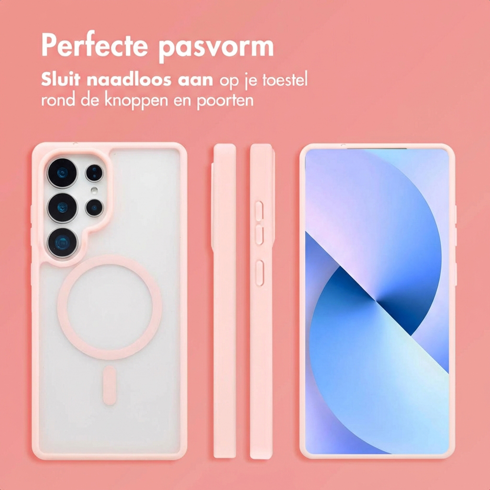 Een roze telefoonhoesje en een telefoon met blauwe achtergrond.