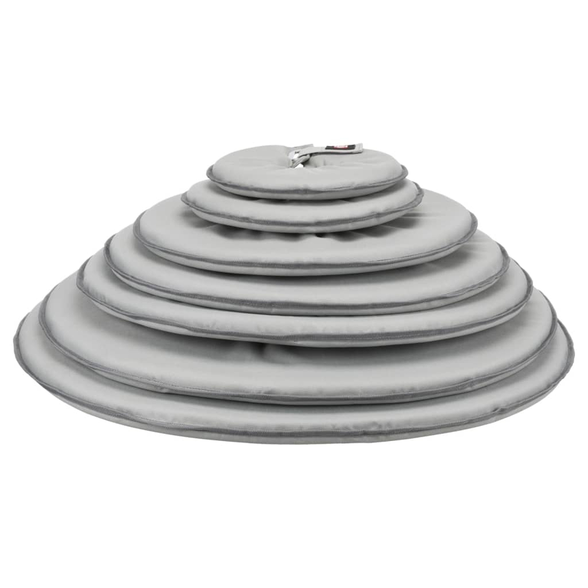 Anillos acolchados grises apilados con ribete gris, parte inferior blanca.