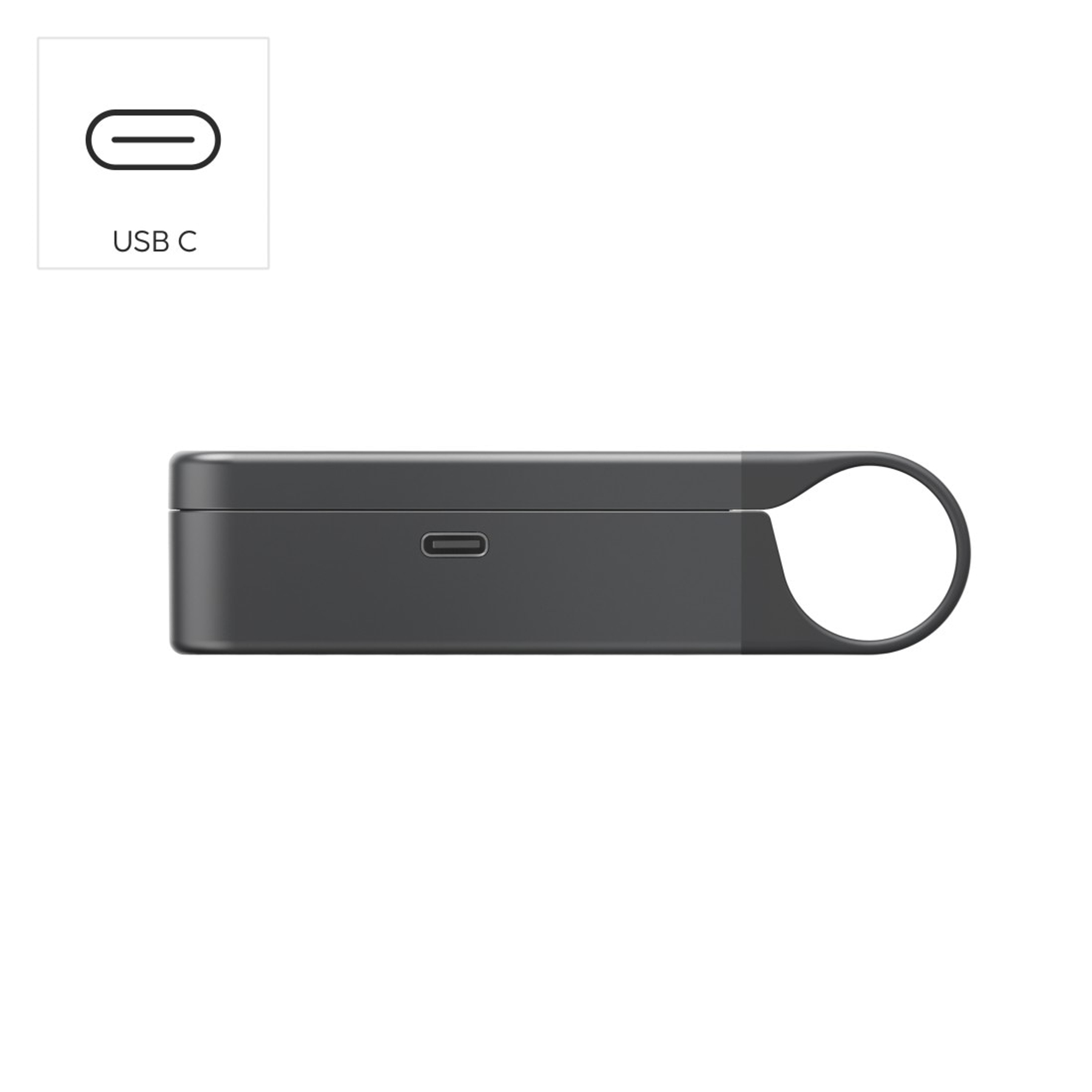 Szare, prostokątne urządzenie z portem USB-C i okrągłym uchwytem.